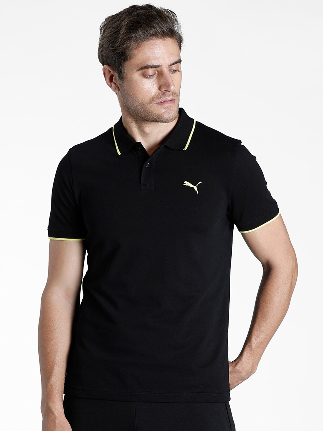 

Puma Men Black Solid Tipping Heather Slim Fit Polo Collar T-shirt