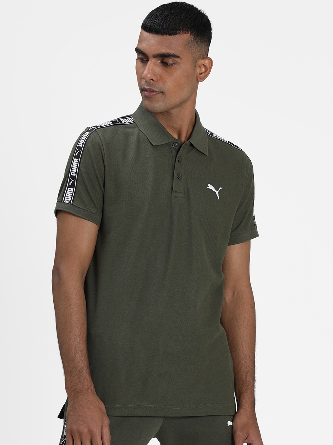 

Puma Men Olive Green Solid Polo Collar T-shirt