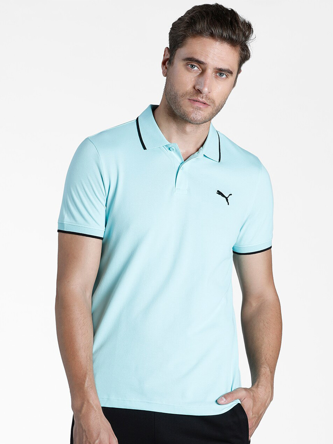 

Puma Men Blue Solid Cotton Collar Tipping Polo T-shirt