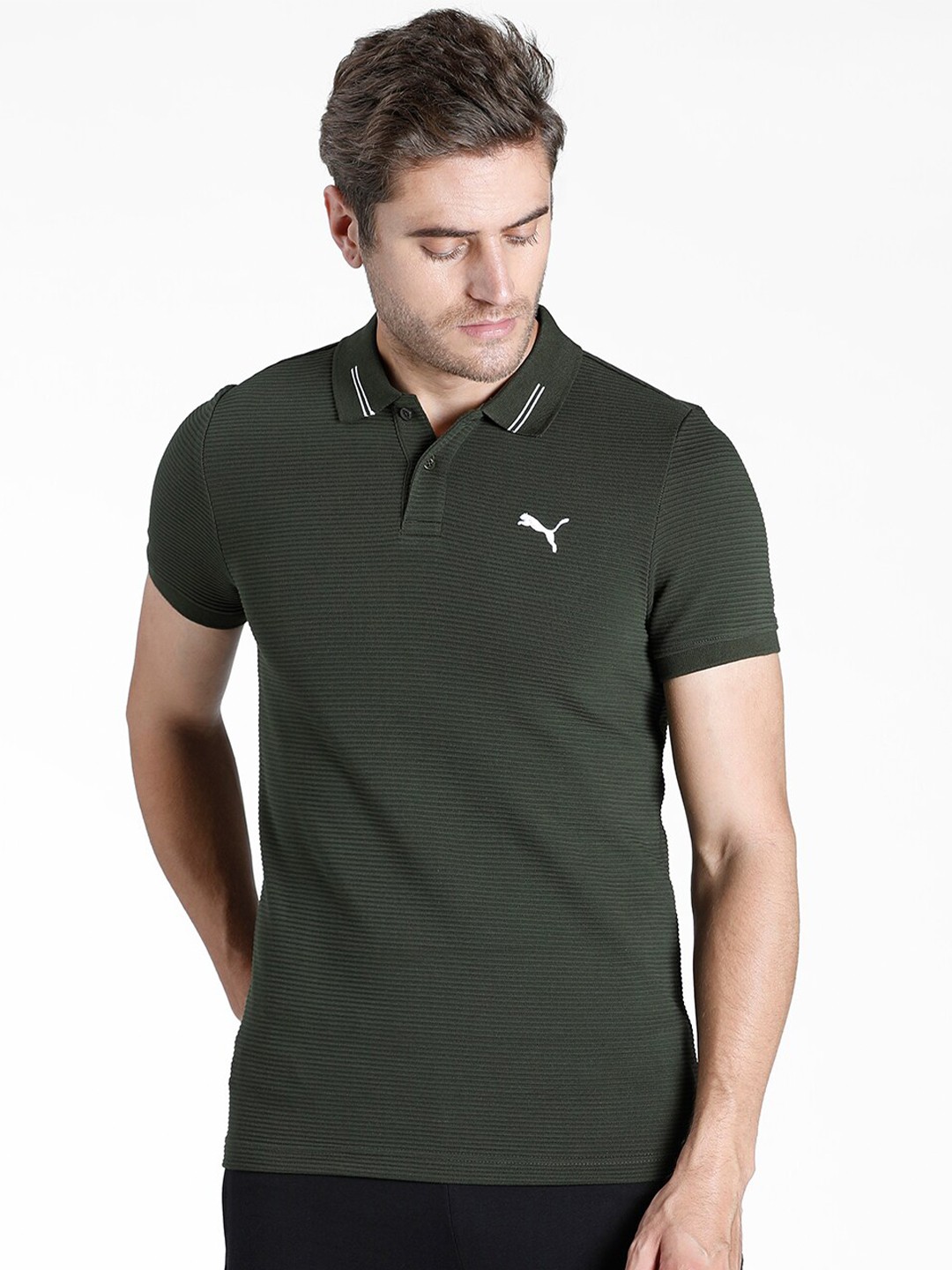 

Puma Men Olive Green Solid Polo Collar Cotton T-shirt
