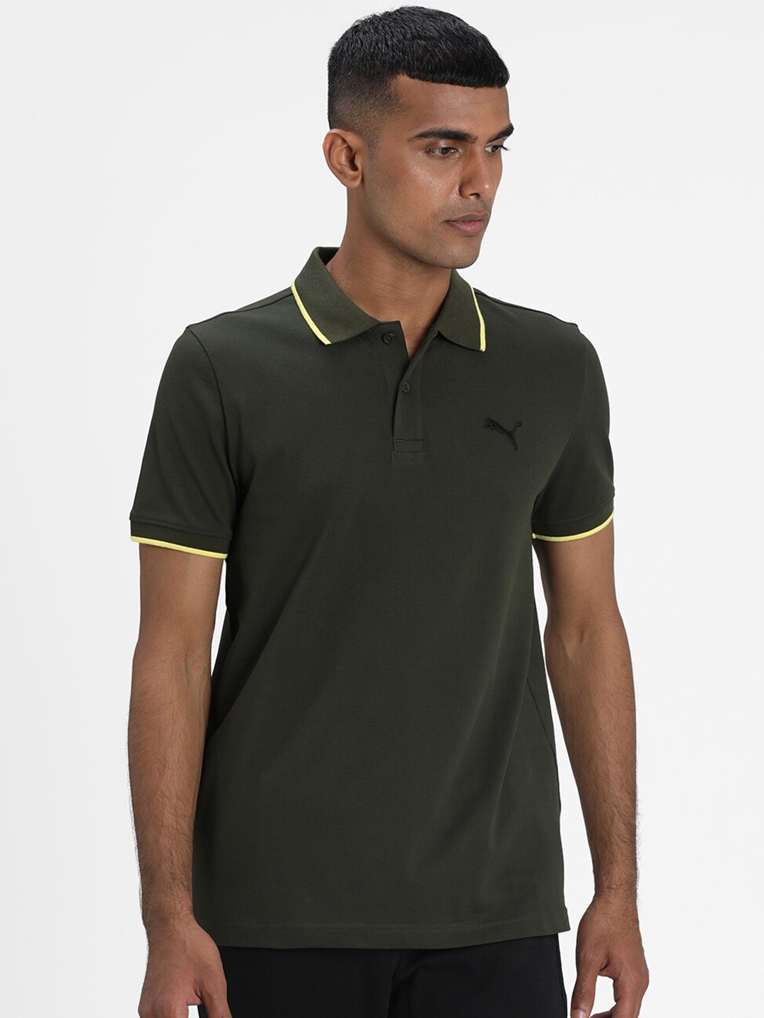 

Puma Men Olive Green Solid Polo Collar Cotton T-shirt