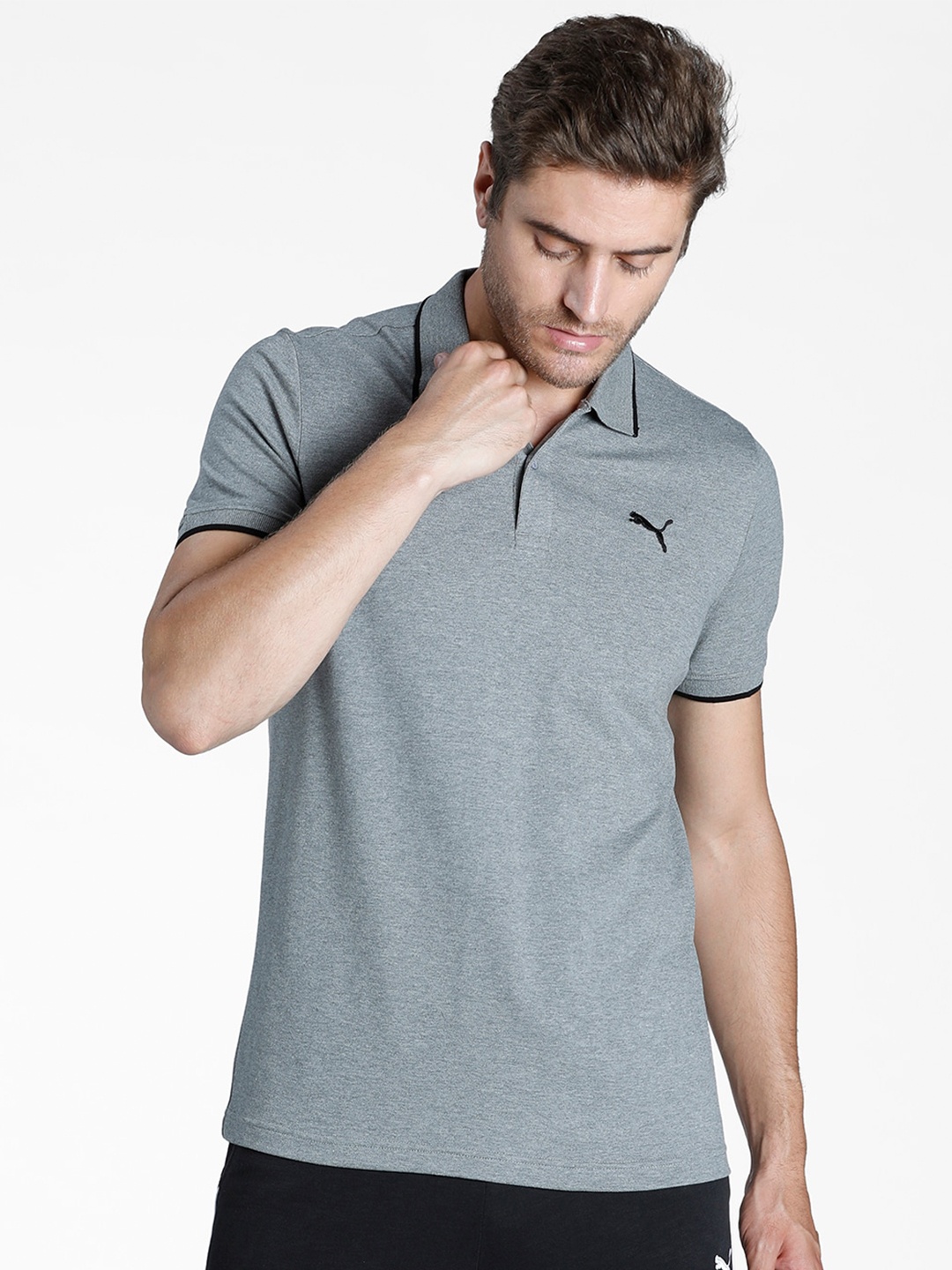 

Puma Men Grey Solid Polo Collar Cotton T-shirt