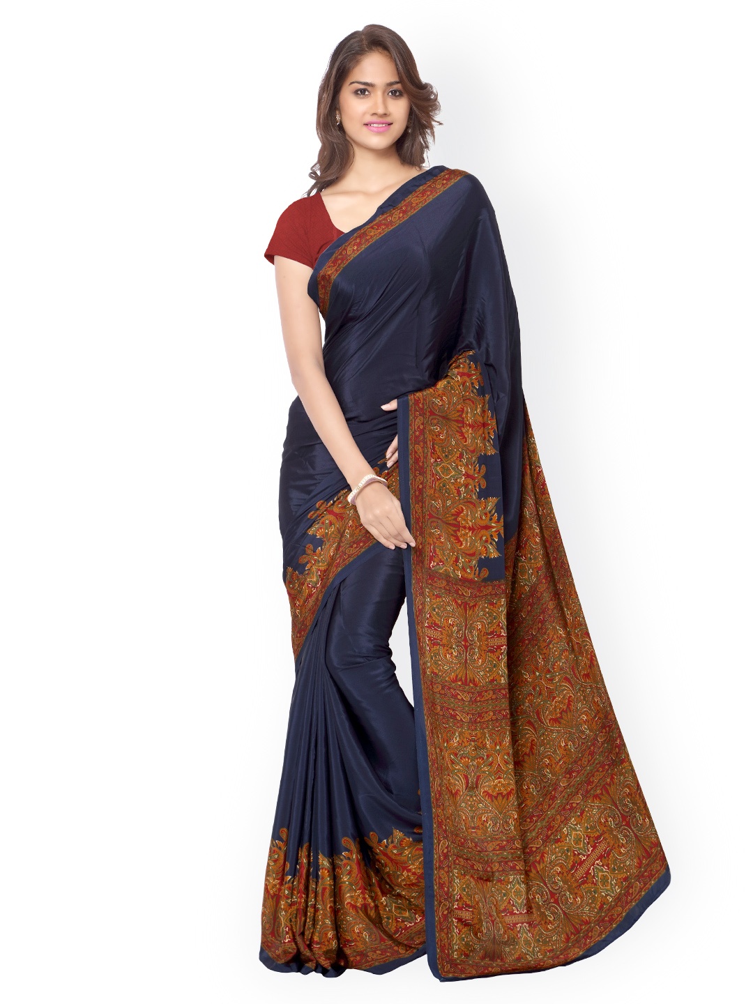 

Ligalz Navy Silk Crepe Printed Saree, Navy blue