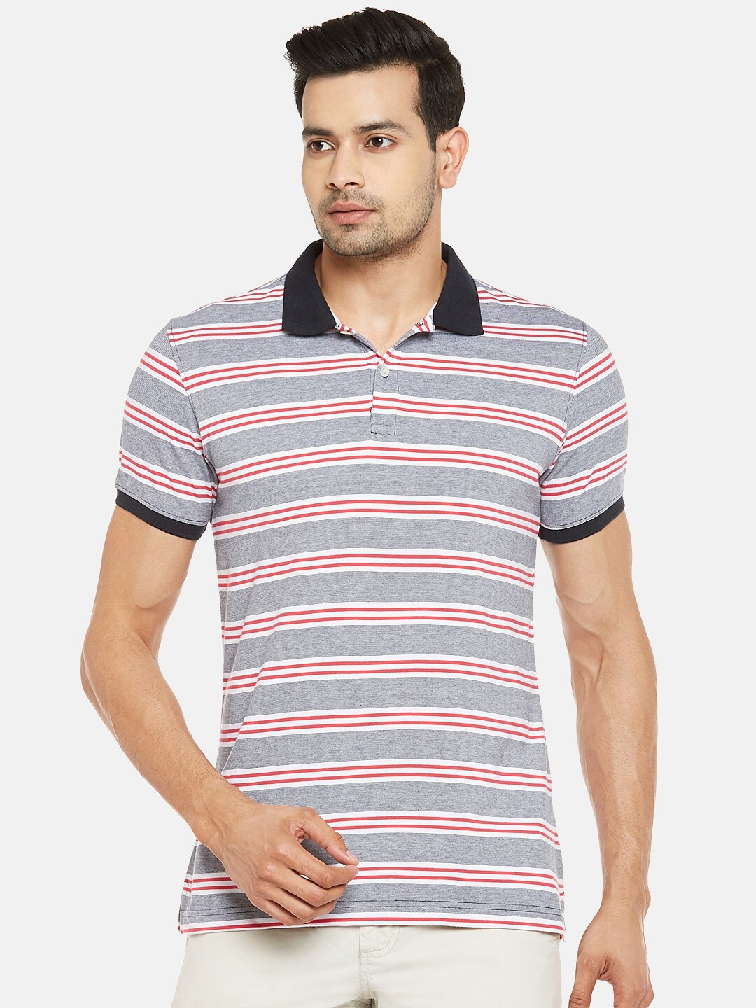 

BYFORD by Pantaloons Men Grey Melange Striped Polo Collar T-shirt