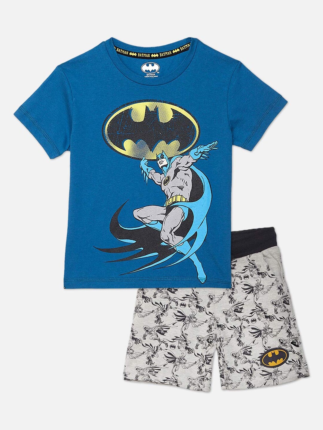 

Kids Ville Boys Blue & Grey Batman Printed T-shirt with Shorts