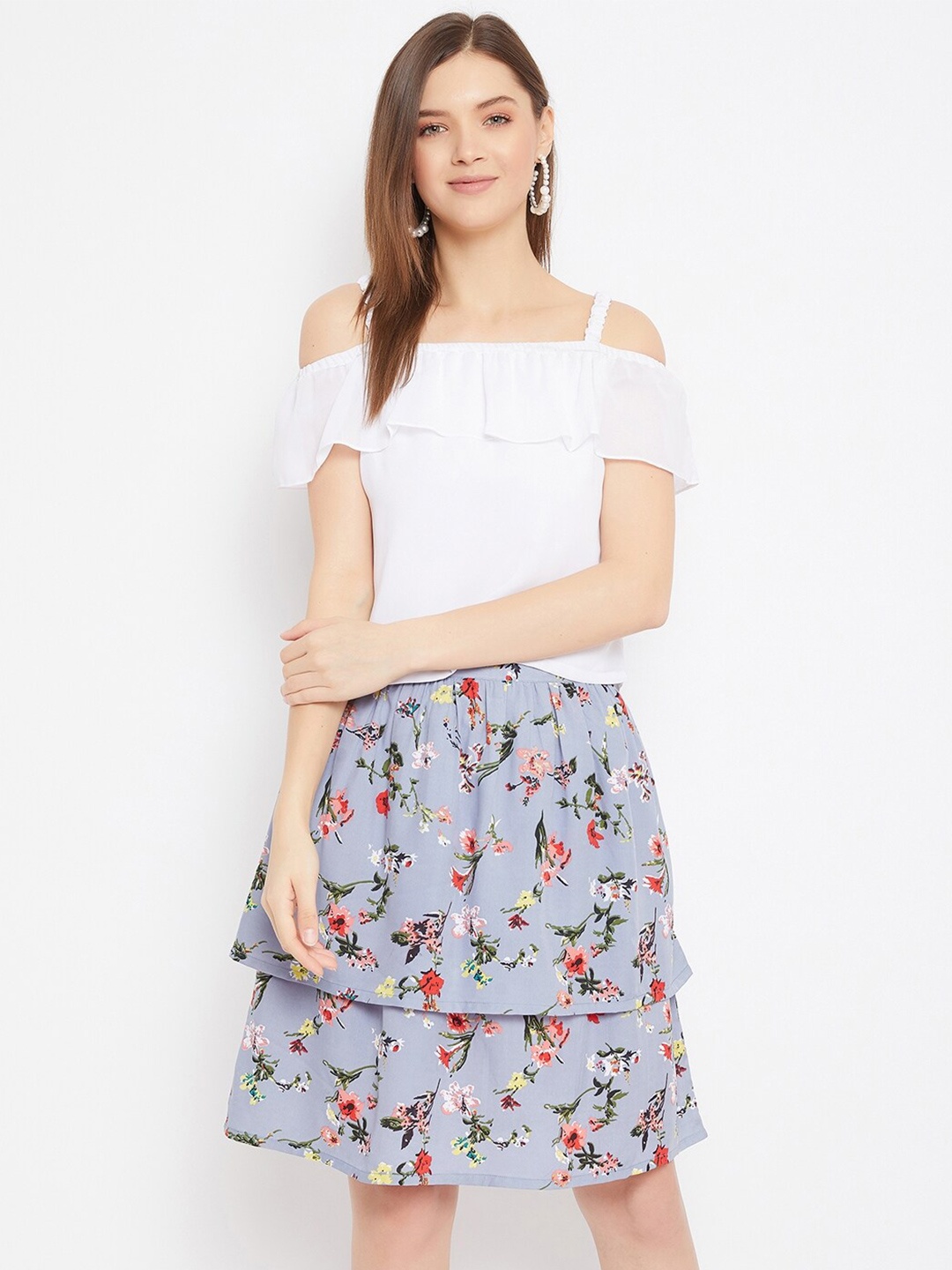 

Bitterlime Women White & Lavender Solid Top with Skirt