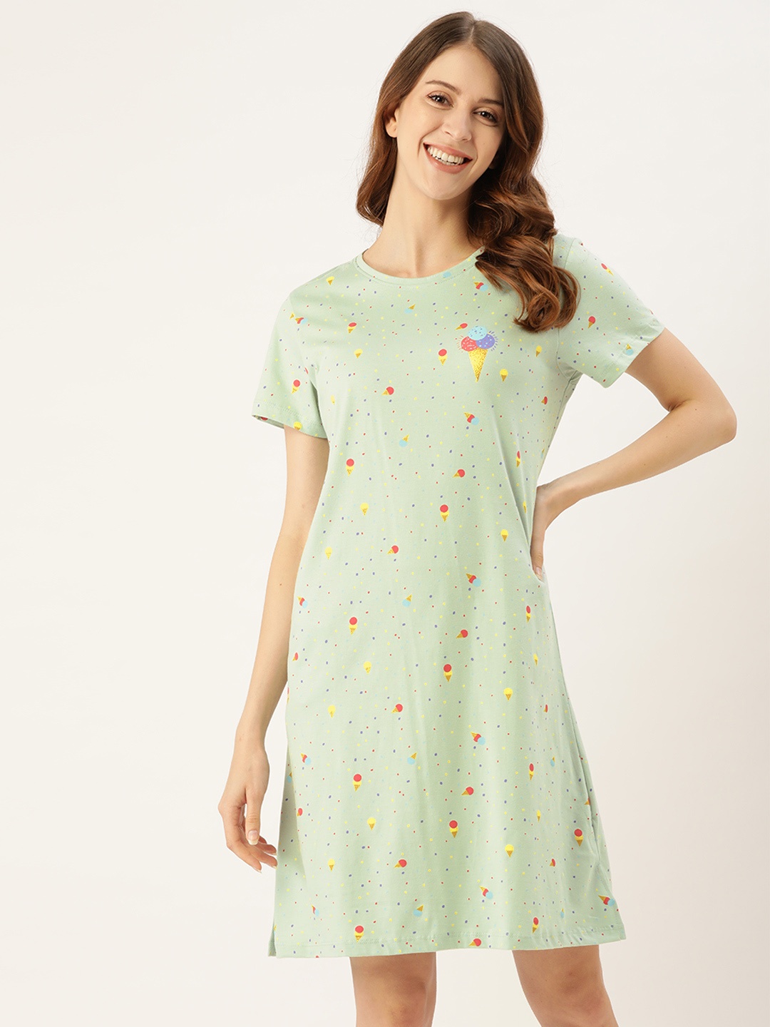 

Sweet Dreams Green & Orange Cotton Printed Sleep T-Shirt