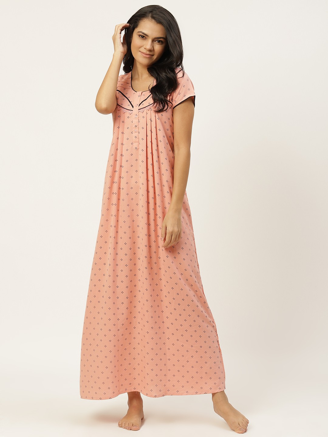 

Sweet Dreams Peach-Coloured & Black Printed Maxi Nightdress