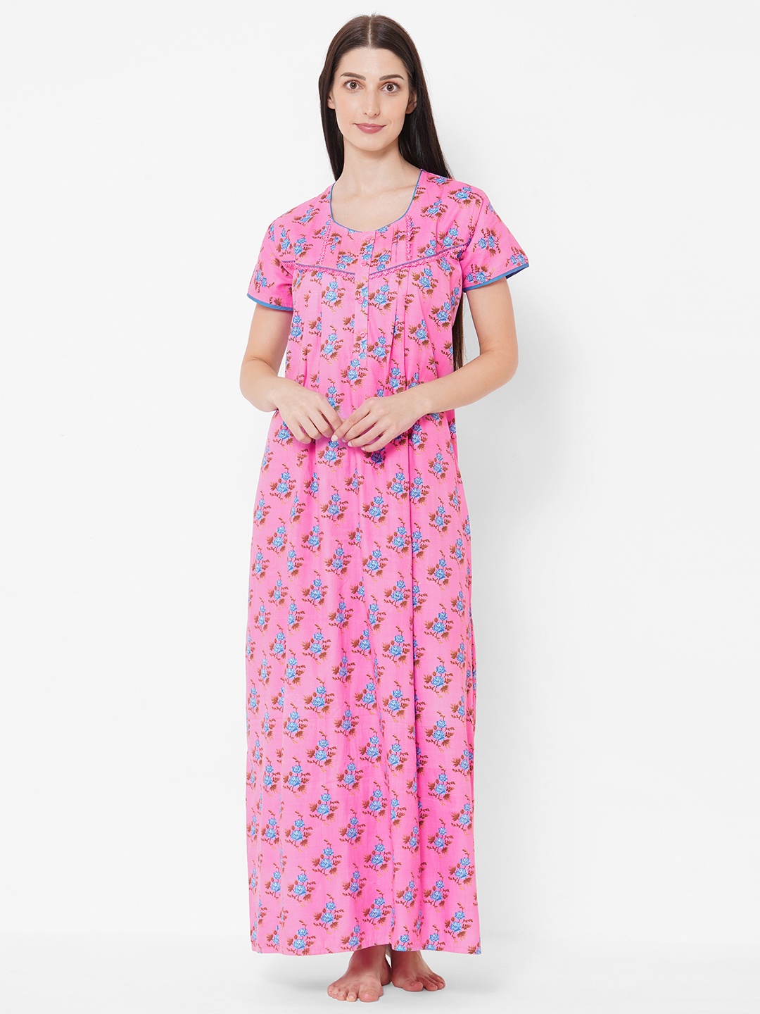 

Sweet Dreams Pink & Blue Cotton Floral Printed Maxi Nightdress