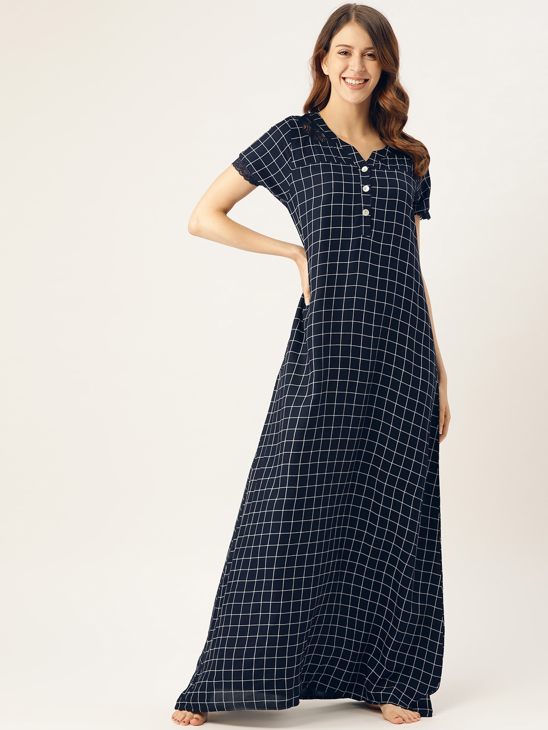 

Sweet Dreams Navy Blue & White Checked Maxi Nightdress