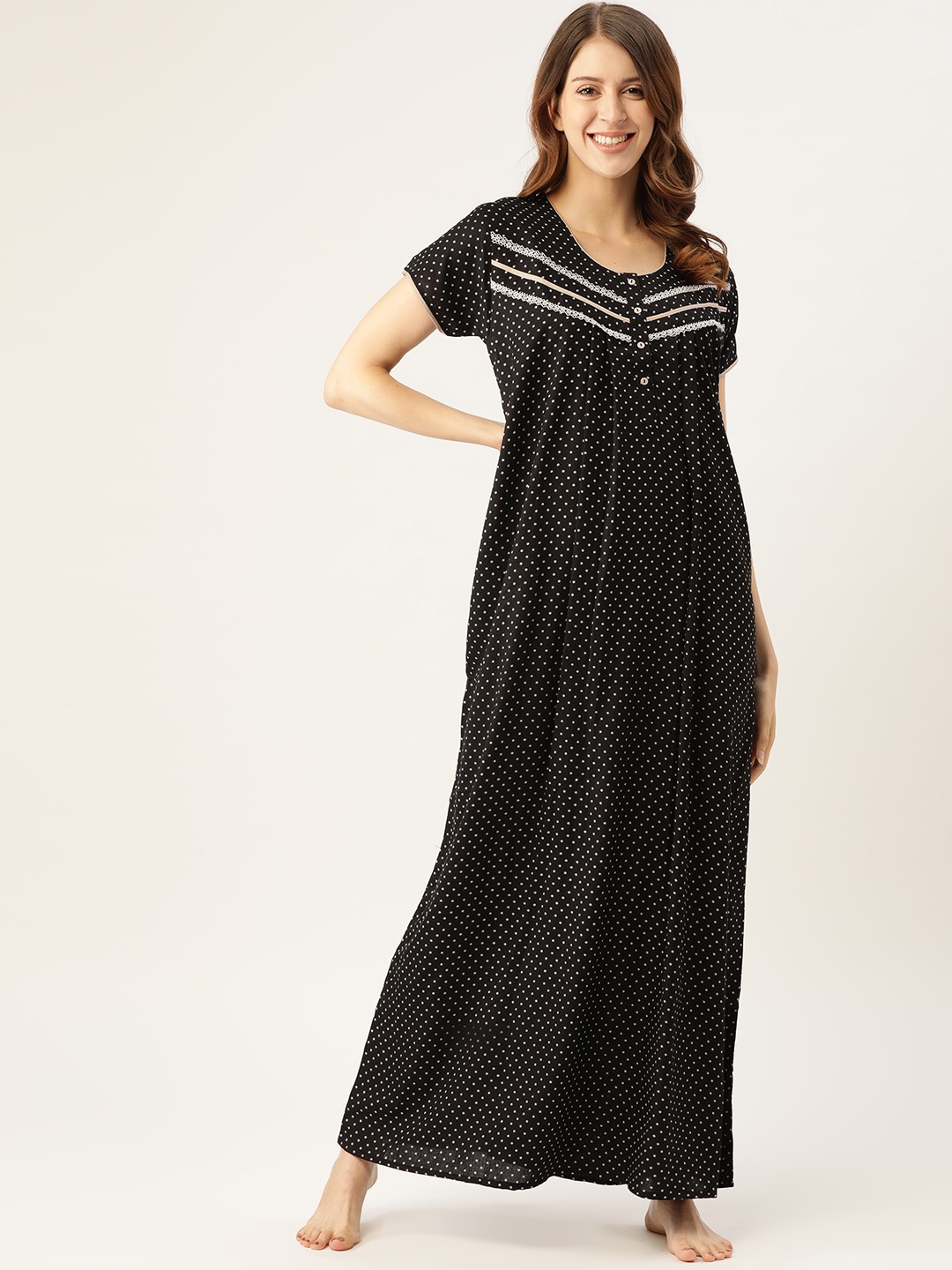 

Sweet Dreams Black & White Dotted Printed Maxi Nightdress