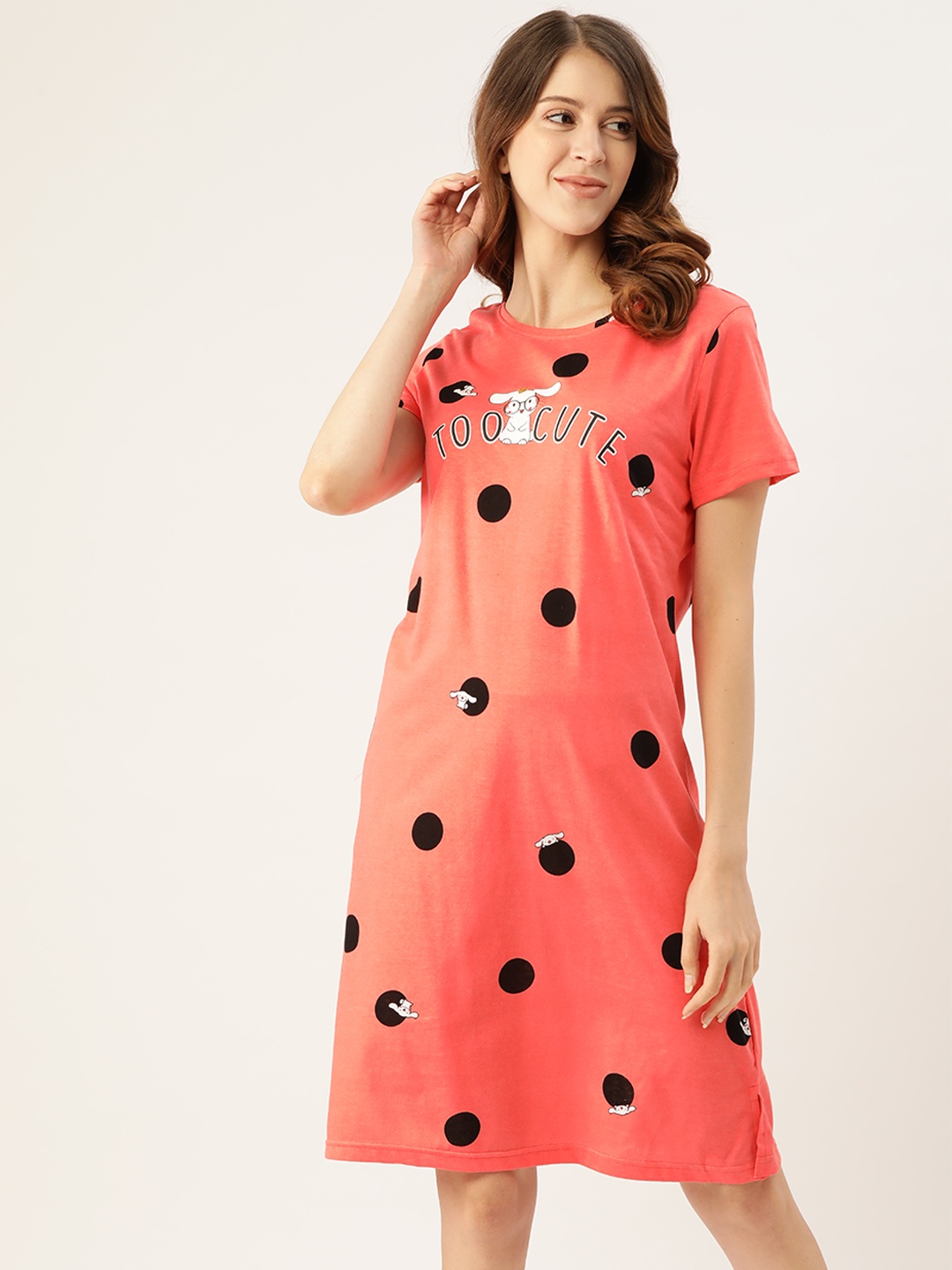 Sweet Dreams Coral Pink & Black Cotton Printed Sleep T-Shirt