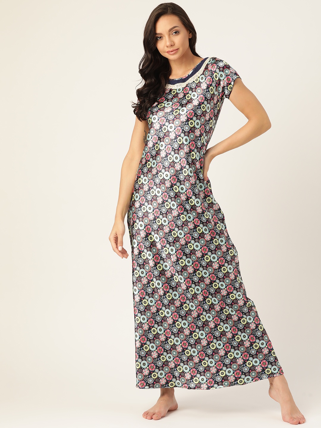 

Sweet Dreams Navy Blue & Pink Printed Satin Finish Maxi Nightdress