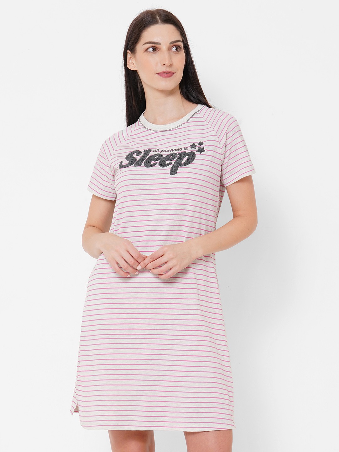 

Sweet Dreams Grey Melange & Pink Striped Nightdress