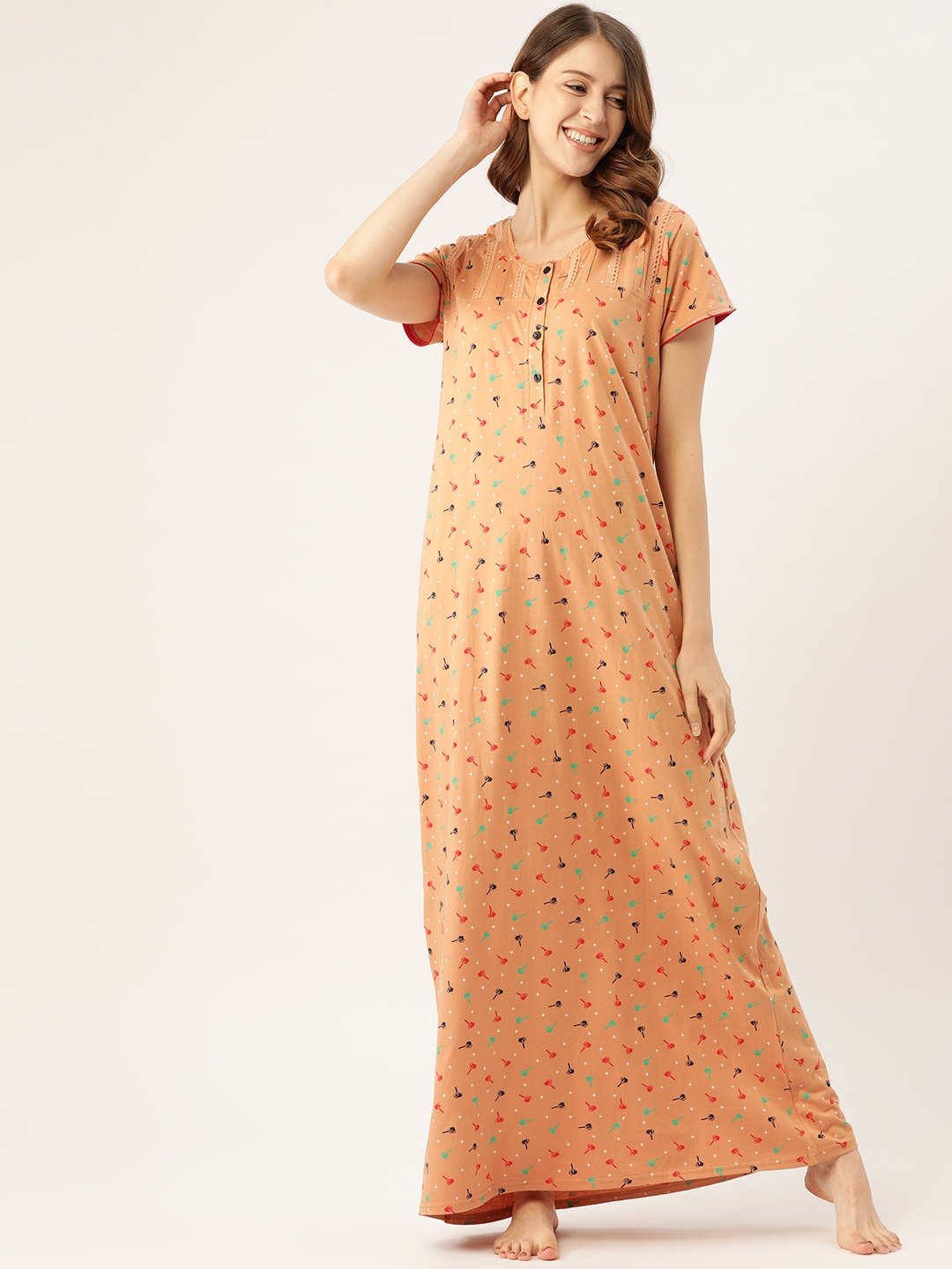 

Sweet Dreams Peach-Coloured & Black Printed Maxi Nightdress