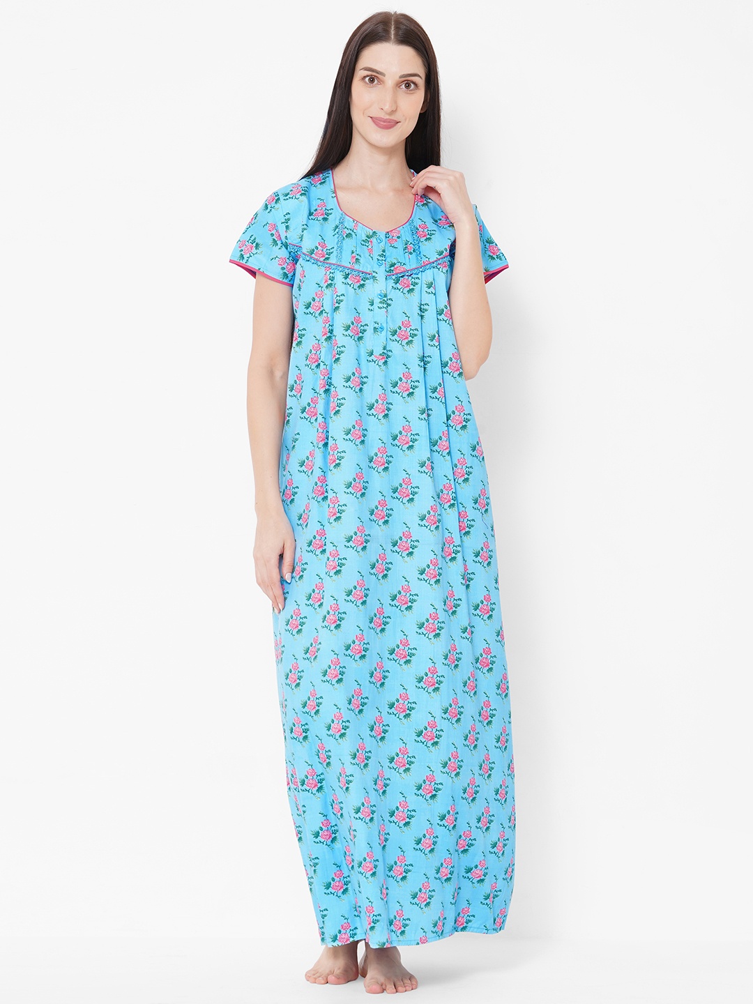 

Sweet Dreams Women Blue & Pink Cotton Floral Print Maxi Nightdress