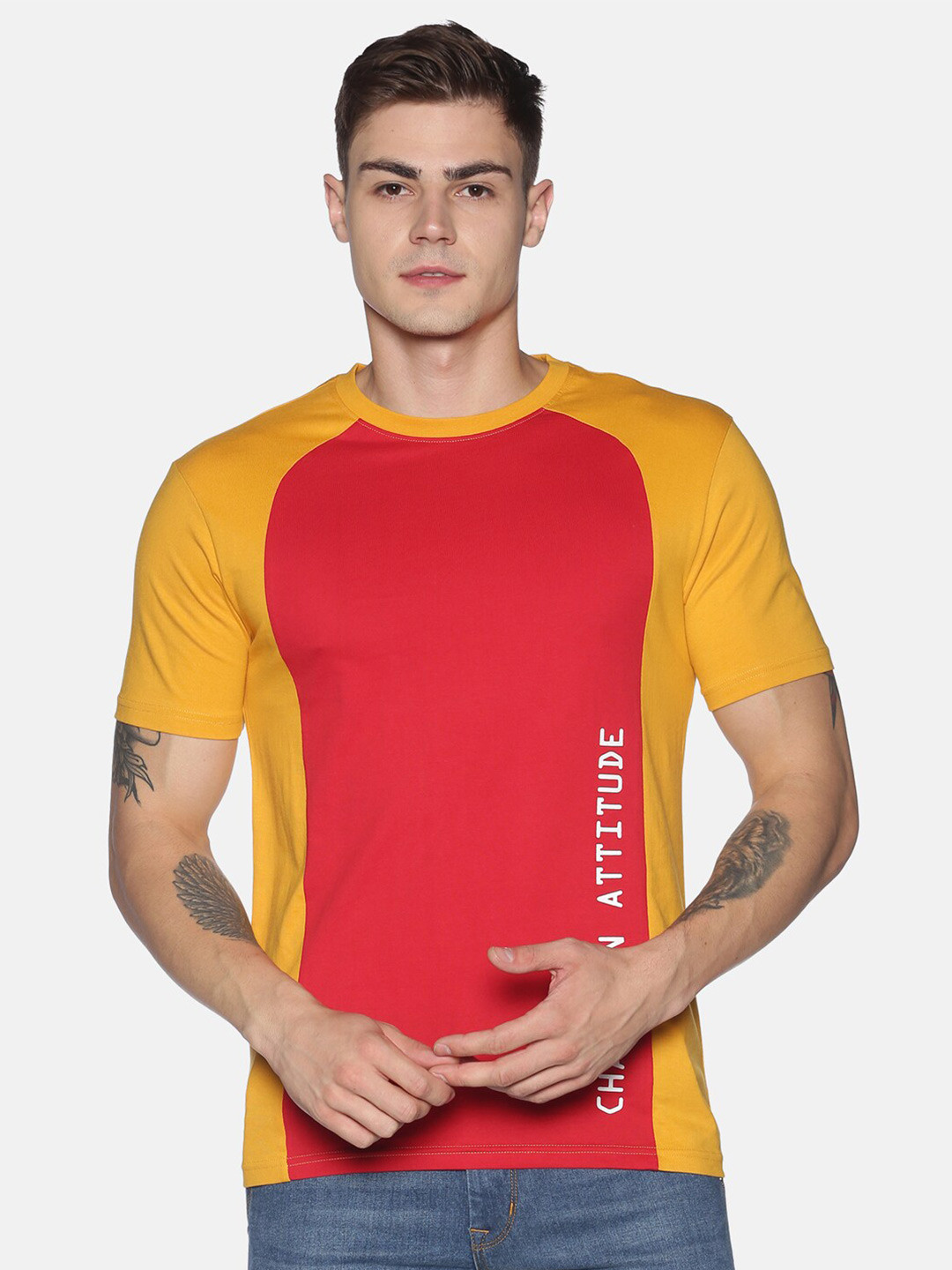 

UrGear Men Red & Yellow Colourblocked Round Neck T-shirt