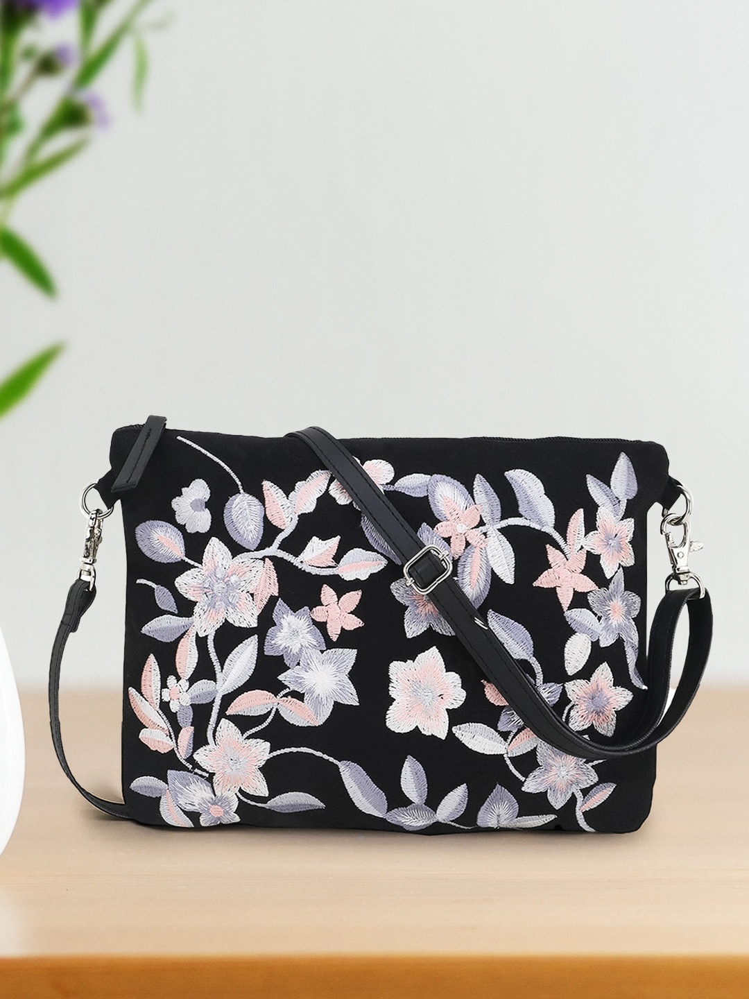 

Anekaant Black Self Design Sling Bag