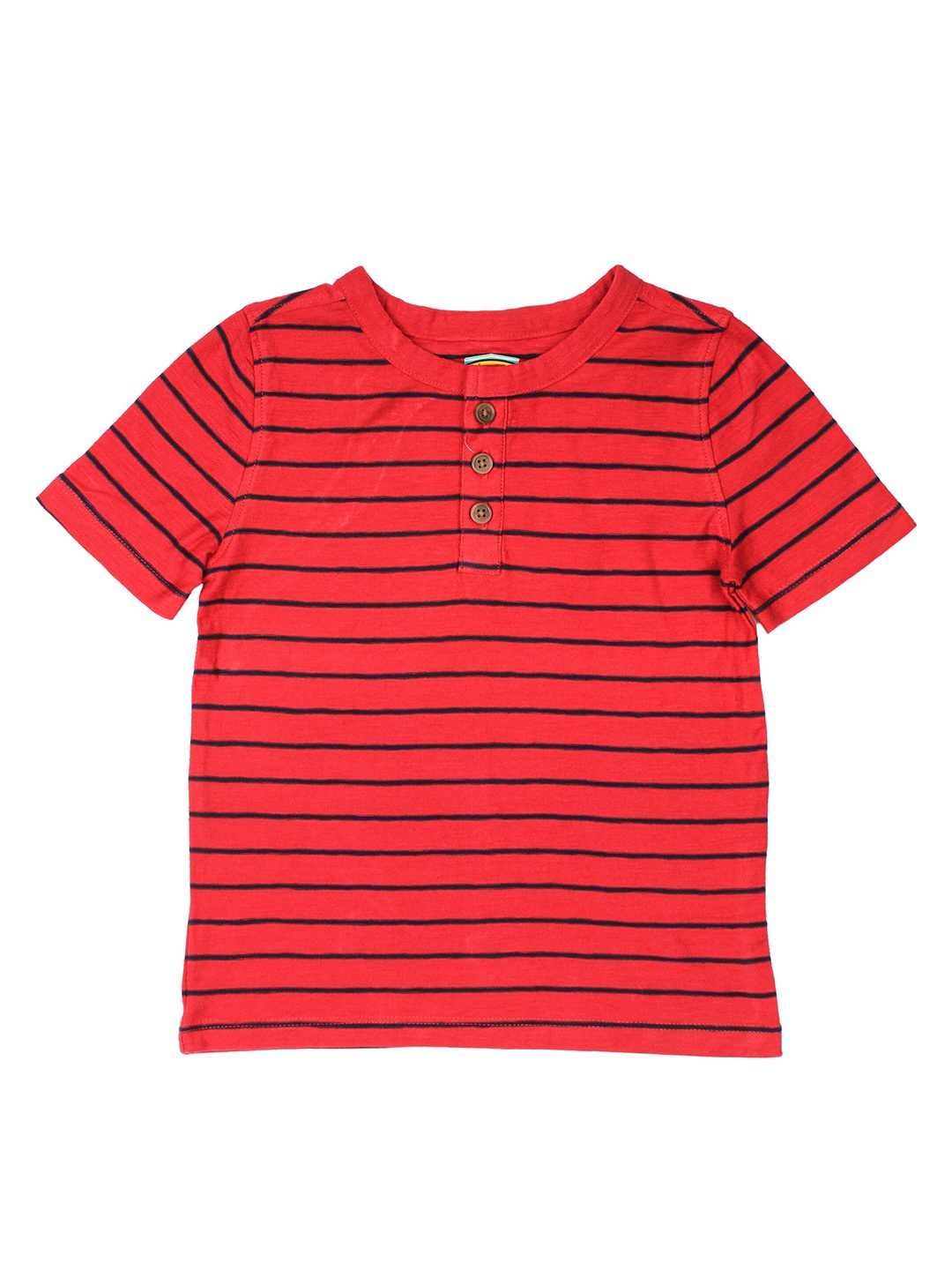

Lil Lollipop Boys Red Black Pure Cotton Striped Henley Neck Pure Cotton T-shirt