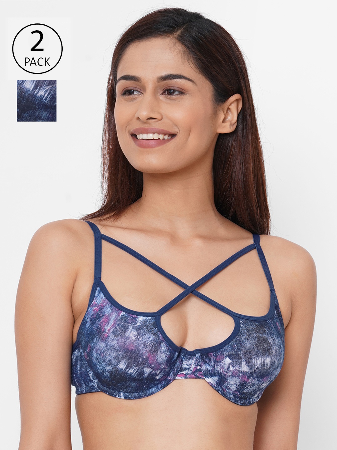 

Inner Sense Navy Blue & White Printed Underwired Lightly Padded T-shirt Bra