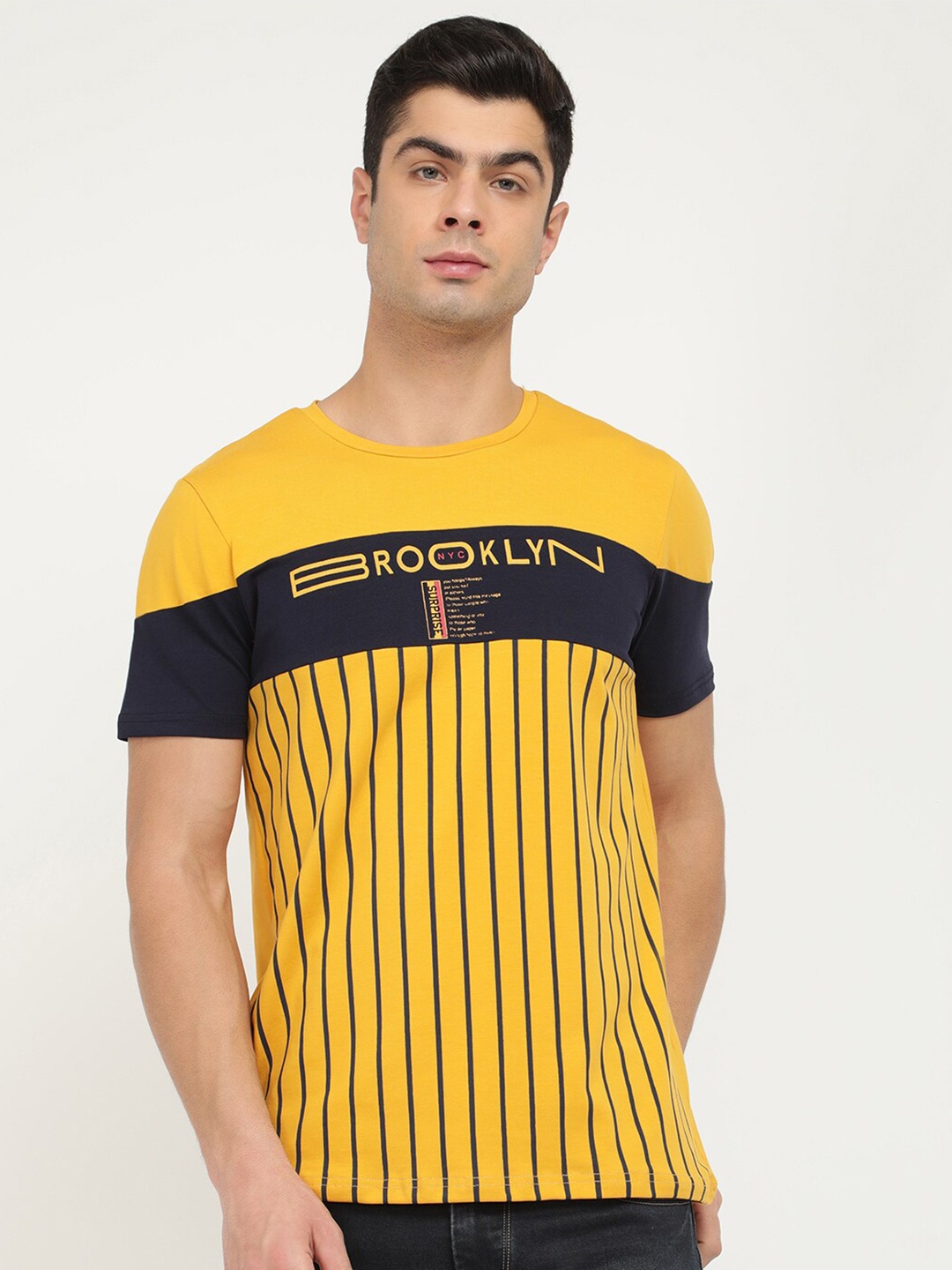 

V2 Value & Variety Men Mustard Yellow & Black Pure Cotton Striped Round Neck T-shirt