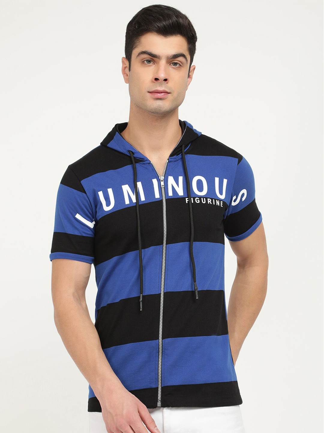 

V2 Value & Variety Men Black & Blue Pure Cotton Striped Hooded T-shirt