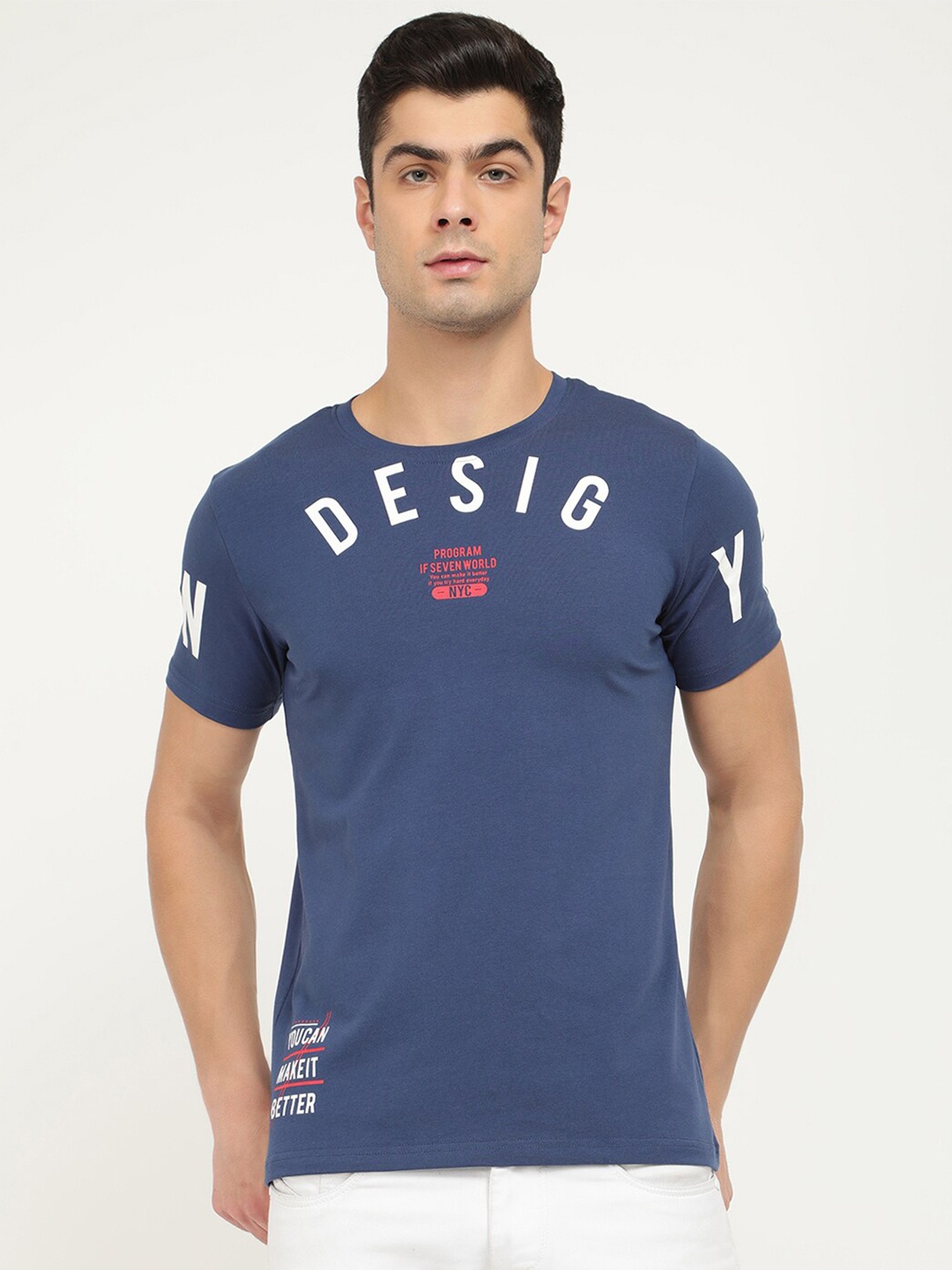 

V2 Value & Variety Men Blue & White Pure Cotton Printed Round Neck T-shirt