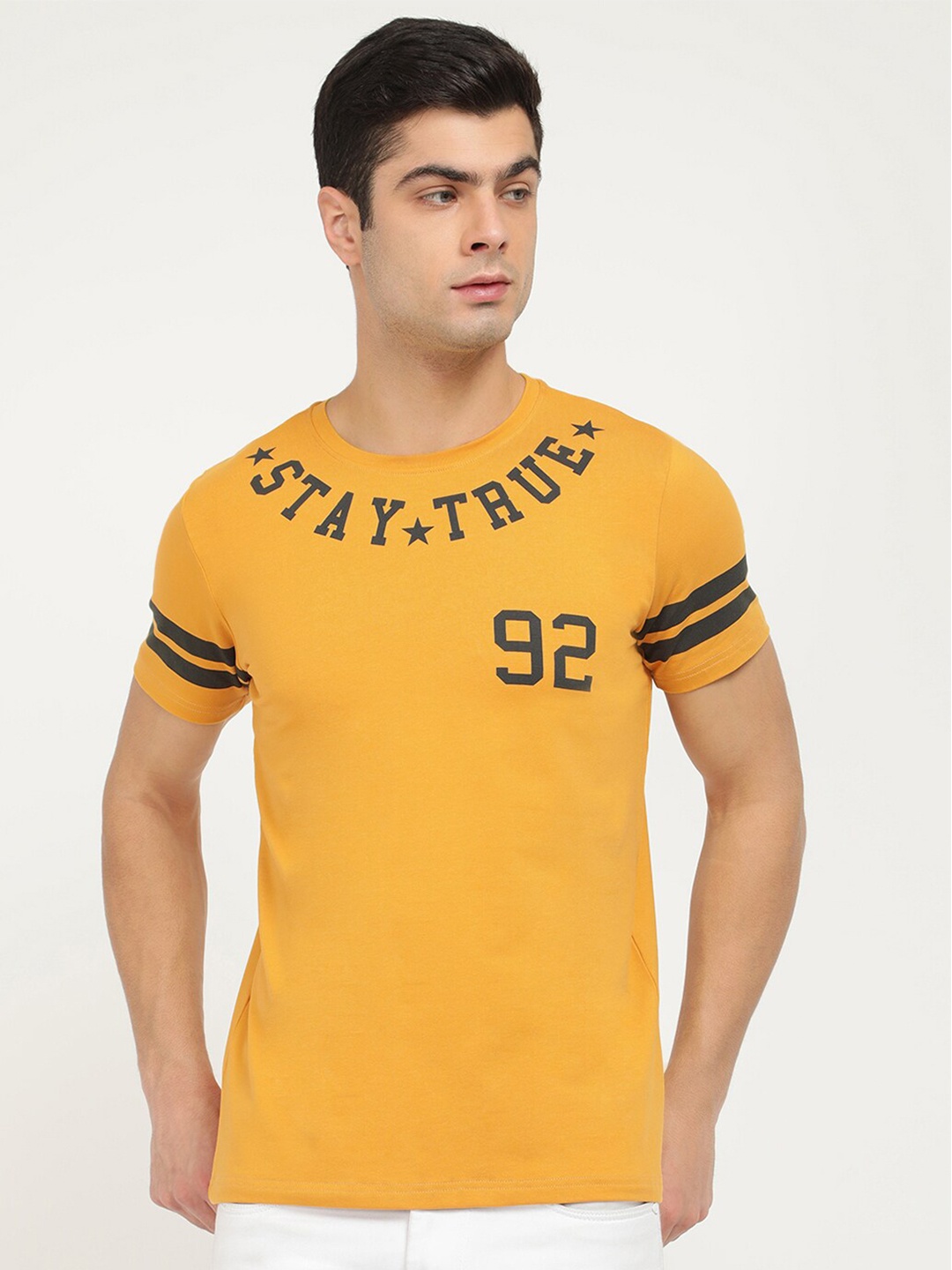 

V2 Value & Variety Men Mustard Yellow Pure Cotton Typographic Print Round Neck T-shirt