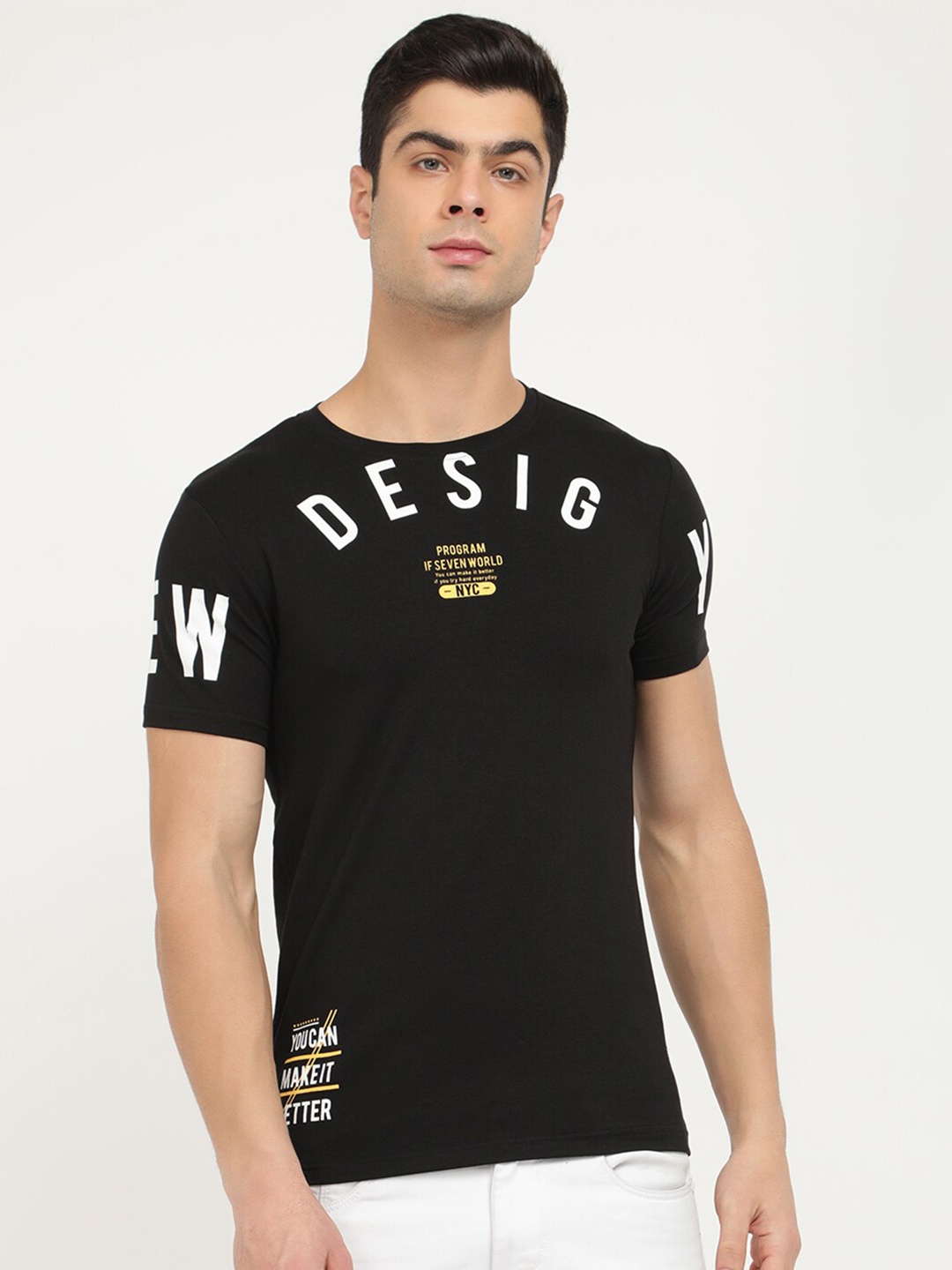 

V2 Value & Variety Men Black Typographic Print Pure Cotton Round Neck T-shirt