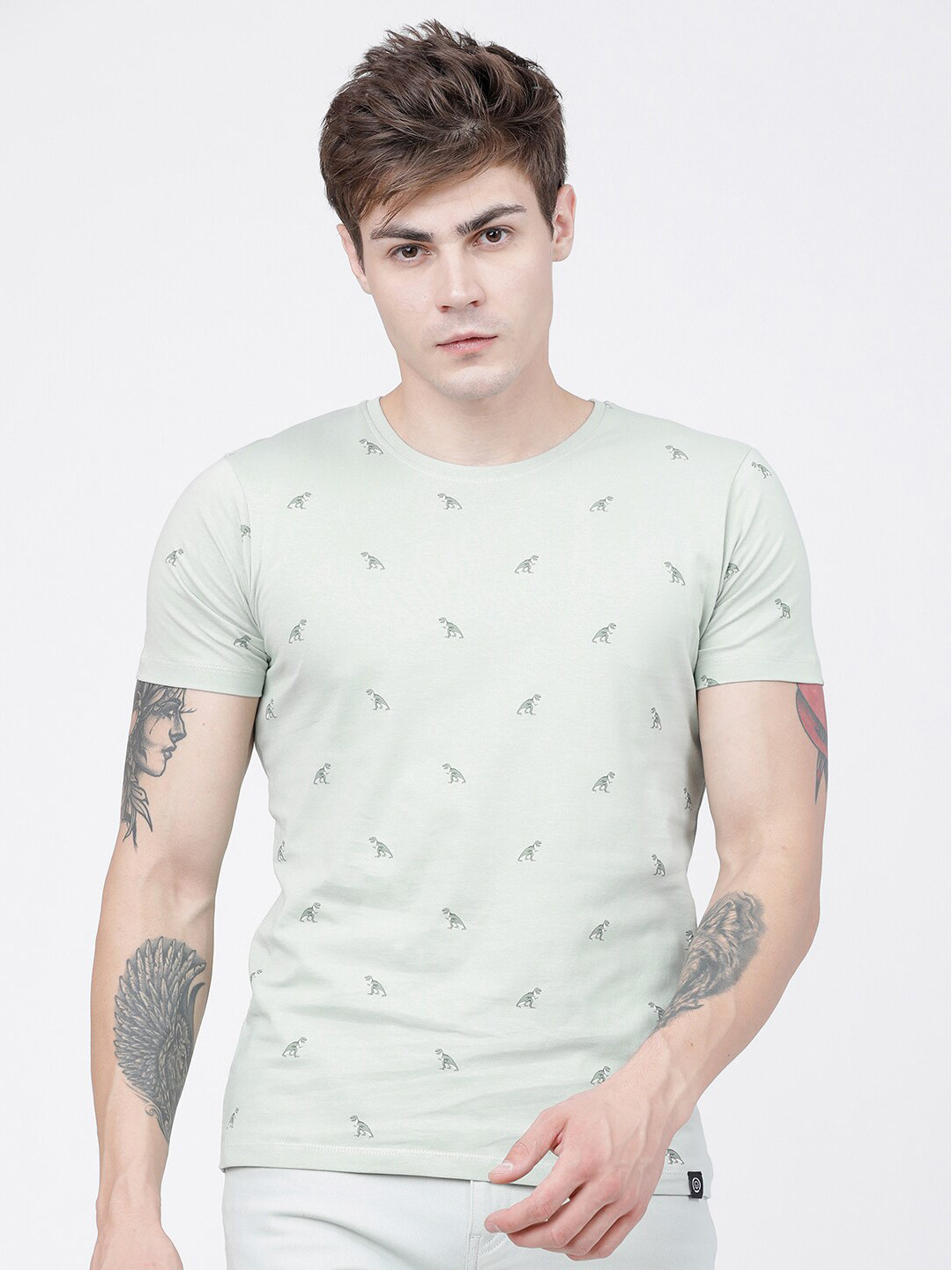 

LOCOMOTIVE Men Green Printed Slim Fit Round Neck T-shirt