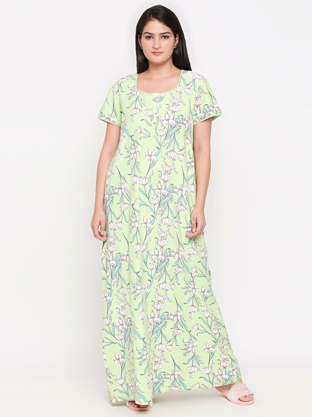 

XIN Lime Green & Pink Floral Printed Cotton Nightdress