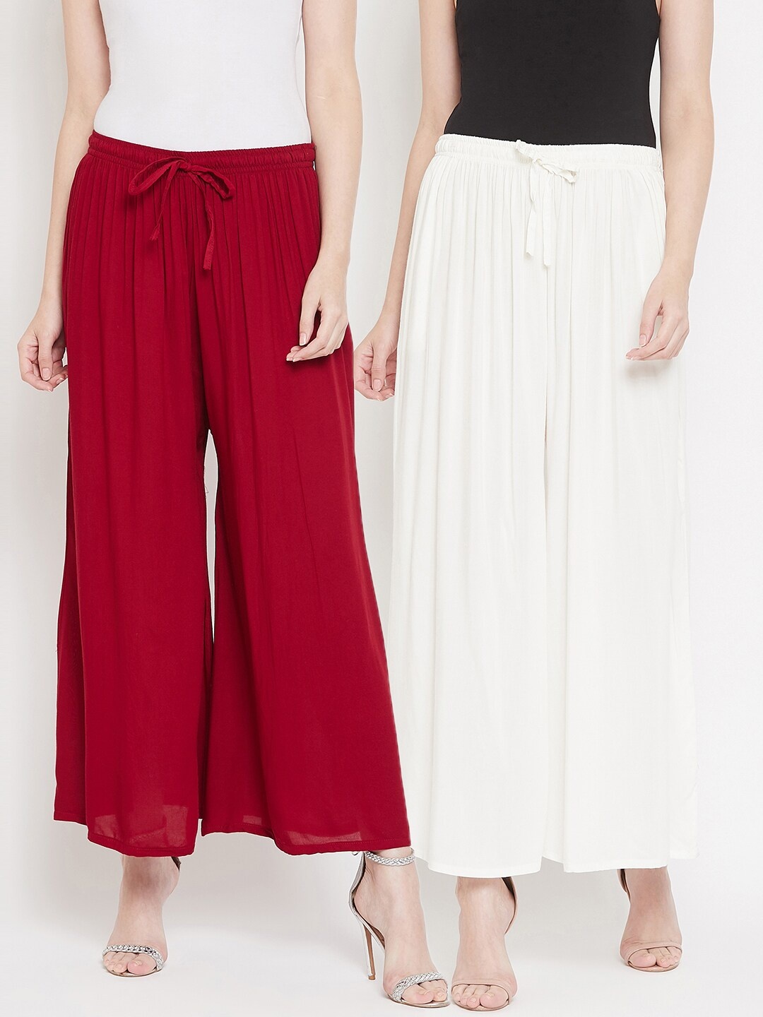 

Castle Women Pack Of 2 White & Maroon Solid Flared Palazzos
