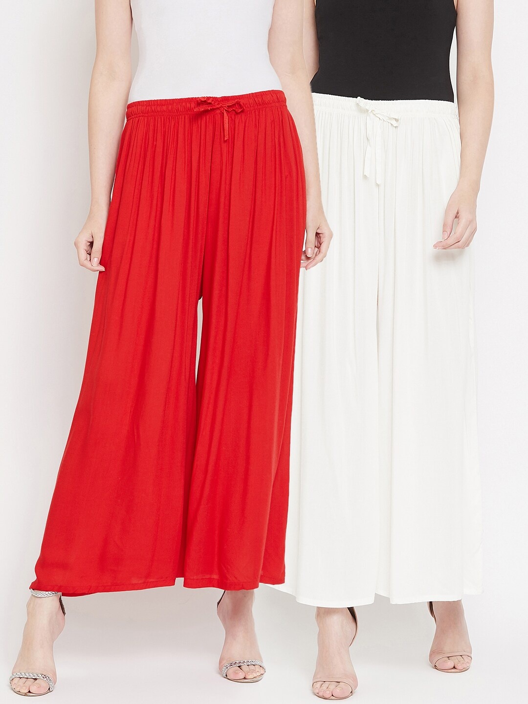 

Castle Women Pack Of 2 White & Red Solid Flared Palazzos