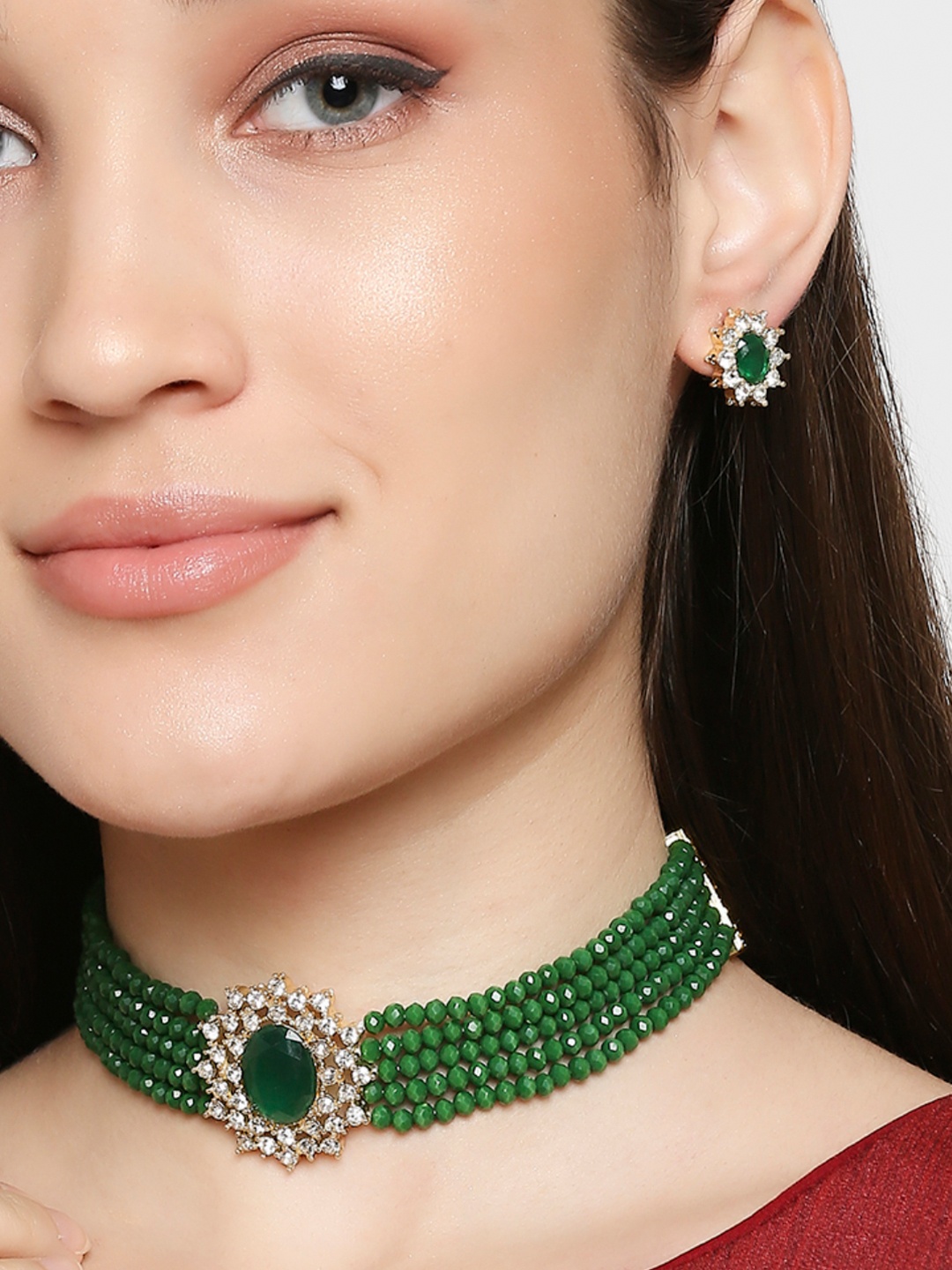 

OOMPH Green & White Beaded & American Diamond-Studded Jewellery Set