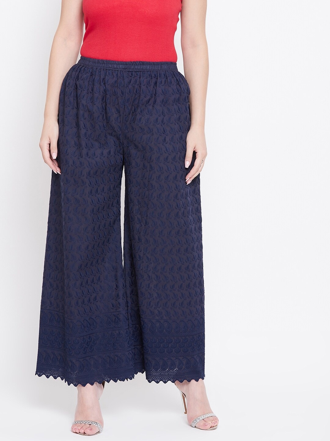 

Castle Women Navy Blue Embroidered Wide Leg Cotton Palazzos