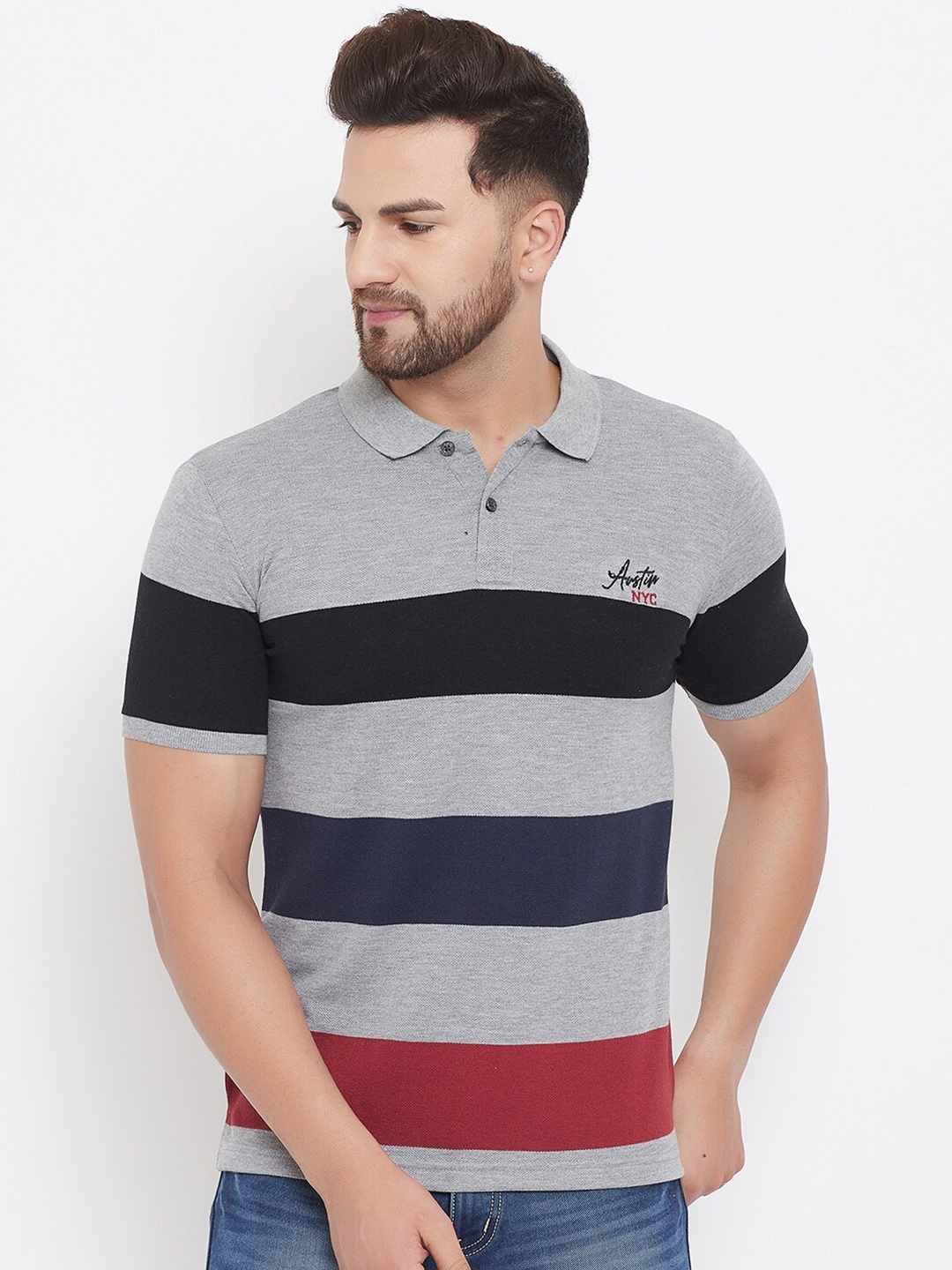 

Austin wood Men Grey Melange & Red Striped Polo Collar T-shirt