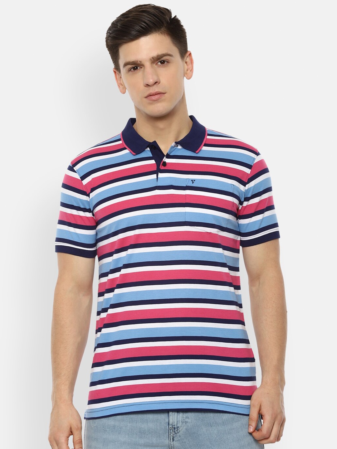 

Van Heusen Sport Men Blue & Pink Striped Polo Collar T-shirt