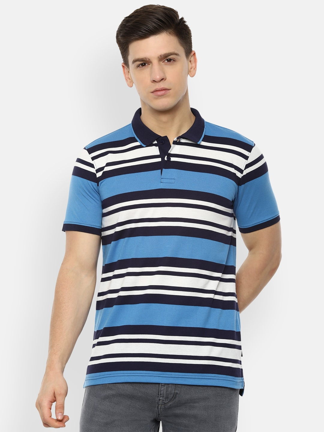 

Van Heusen Sport Men Blue & White Striped Polo Collar T-shirt