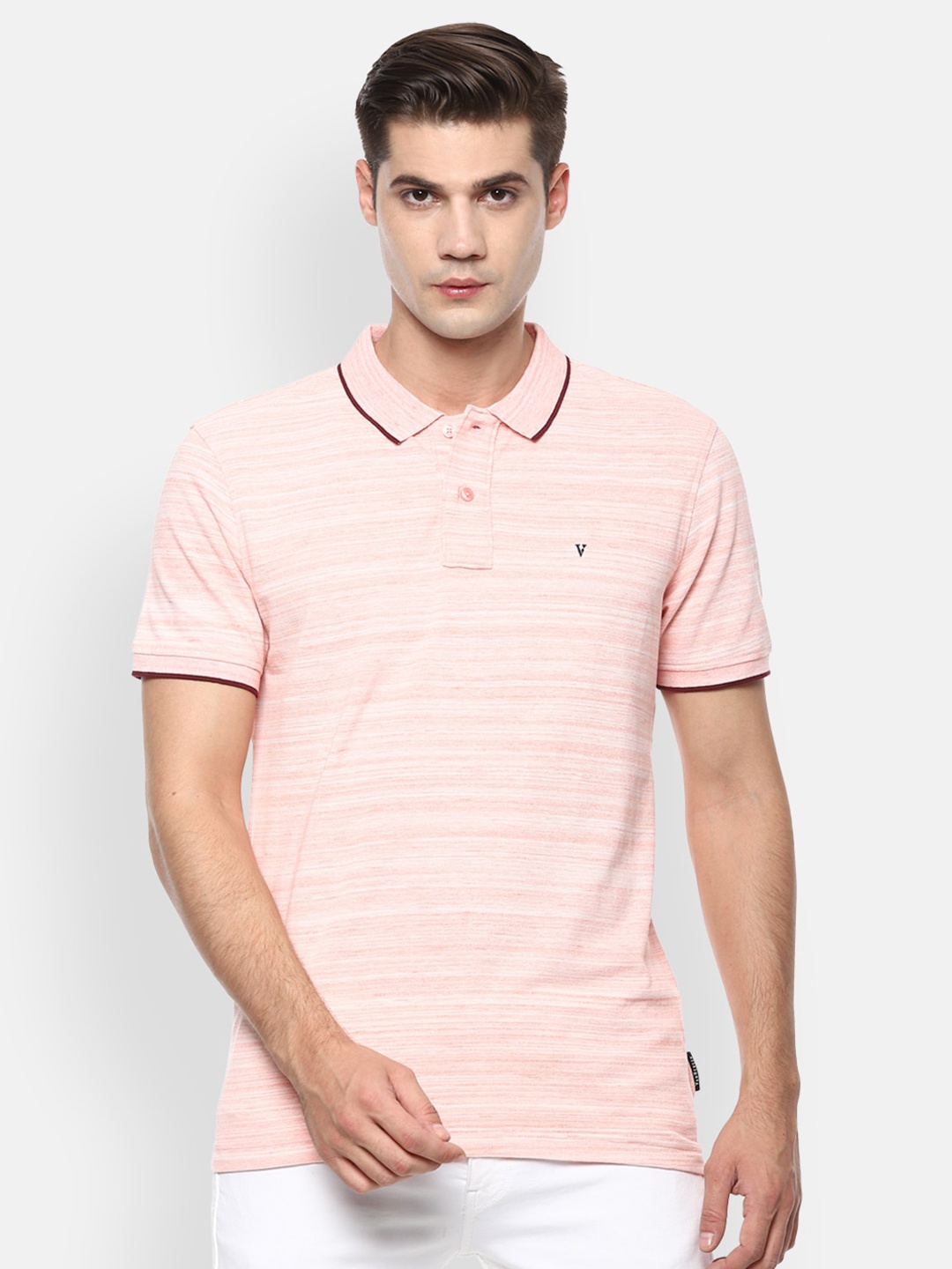 

Van Heusen Sport Men Peach-Coloured & White Striped Polo Collar T-shirt