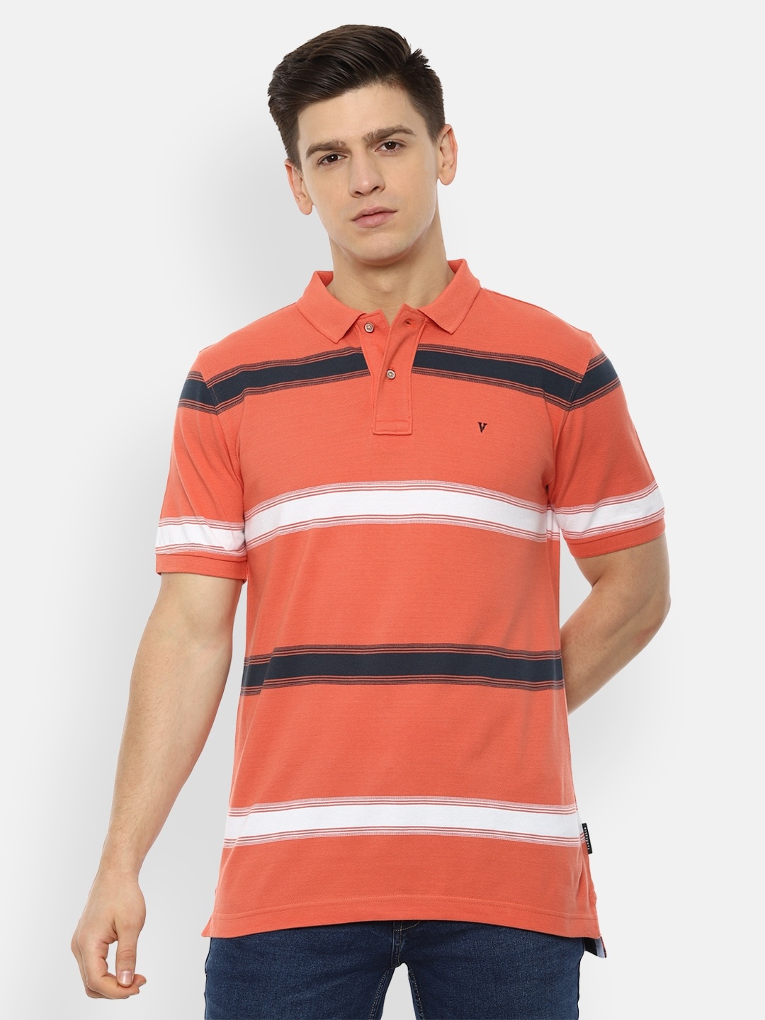 

Van Heusen Sport Men Orange & White Striped Polo Collar T-shirt
