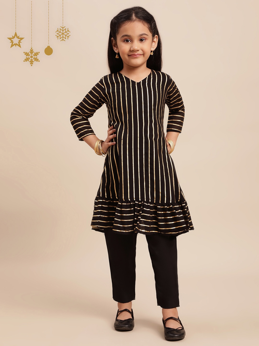 

Ahalyaa Girls Black Striped Kurta with Palazzos