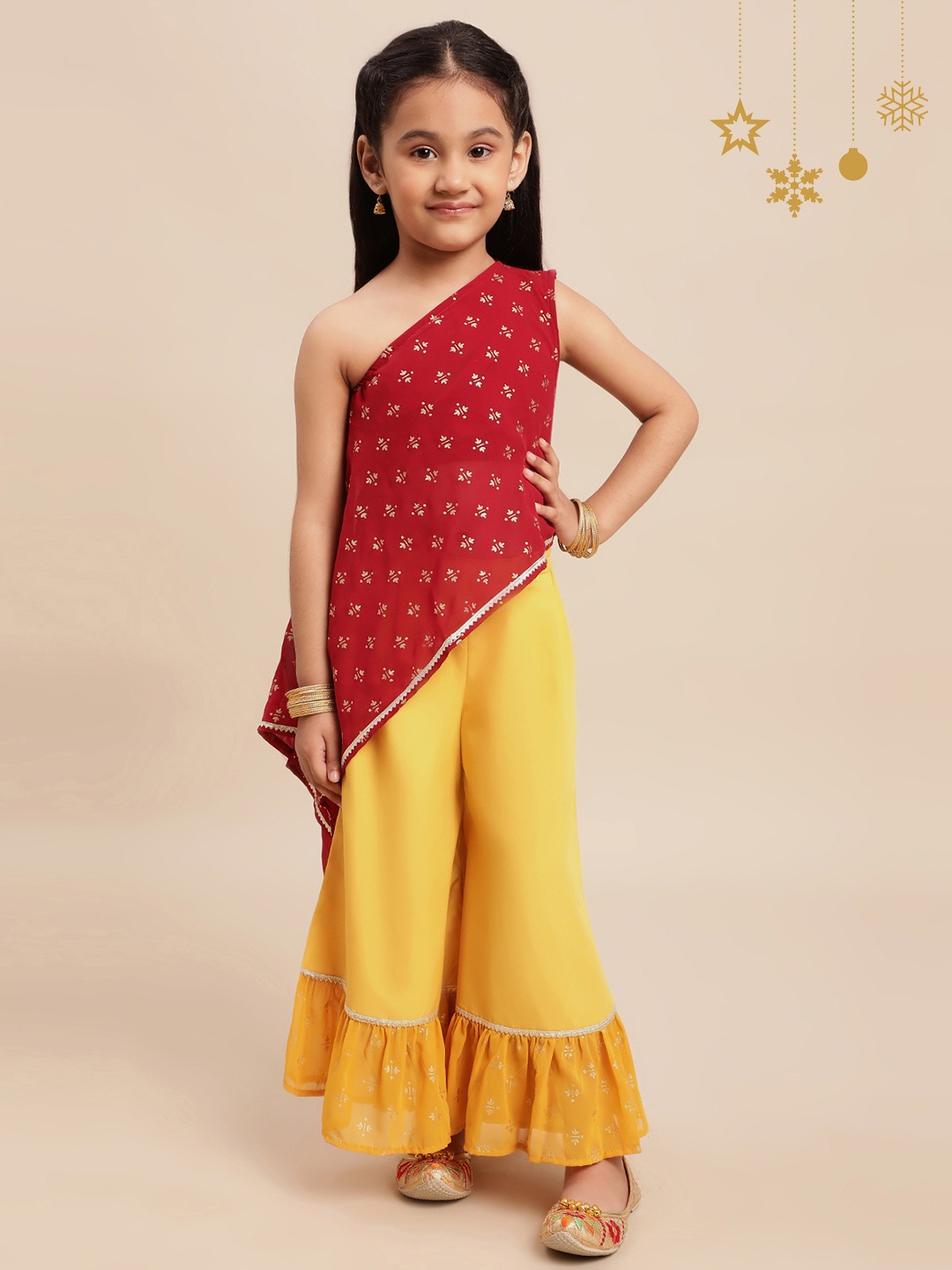 

Ahalyaa Girls Red & Yellow Printed Top with Sharara
