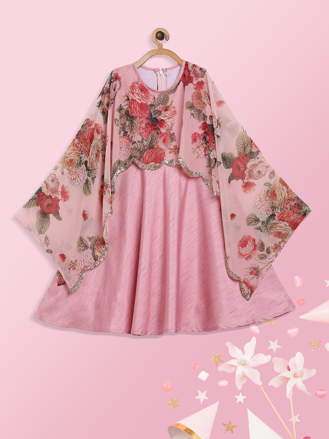 

Ahalyaa Girls Pink & Red Floral Printed Cape Sleeves Anarkali Kurta