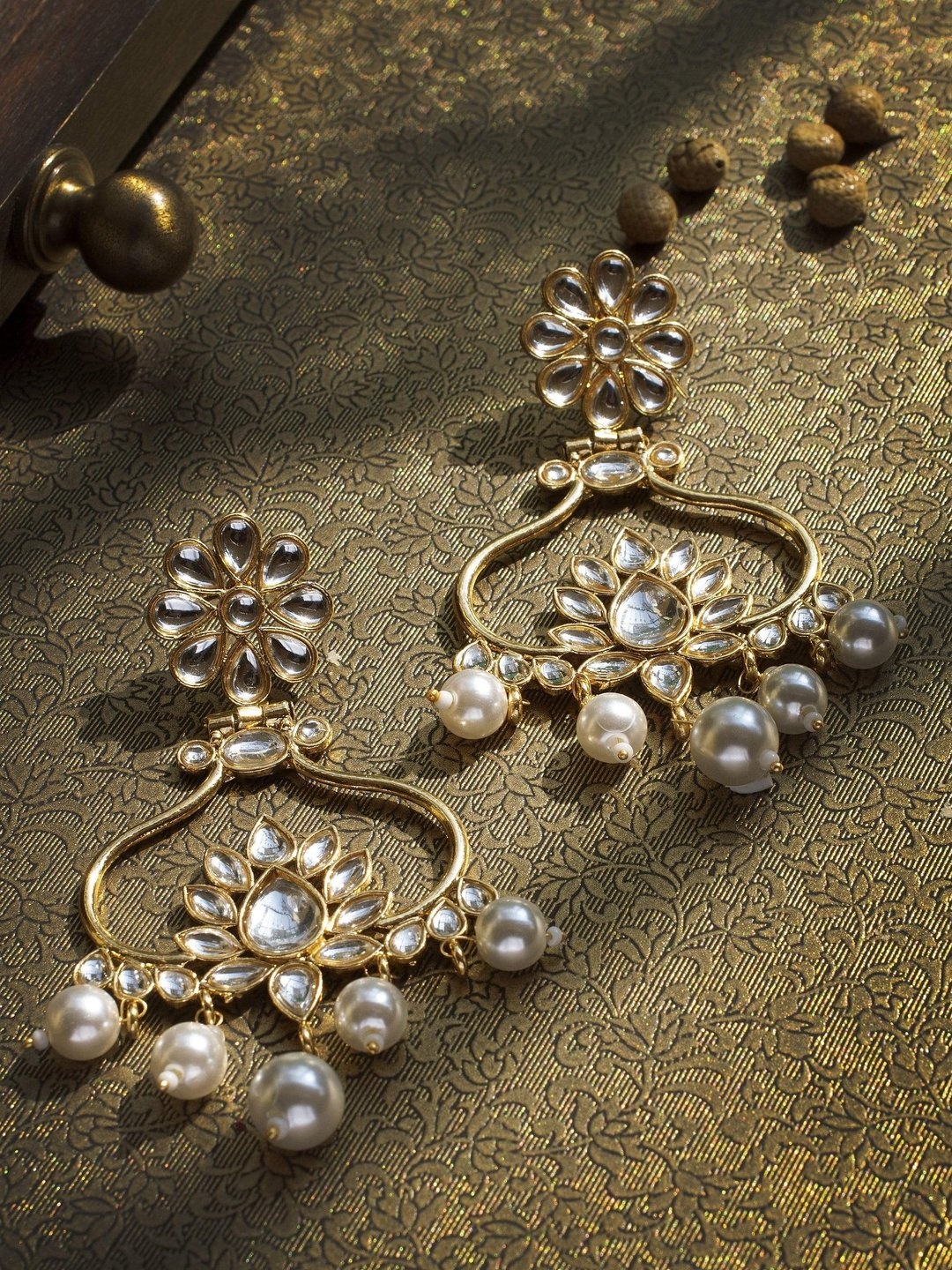 

Rubans Gold-Toned & White Classic Handcrafted Drop Earrings