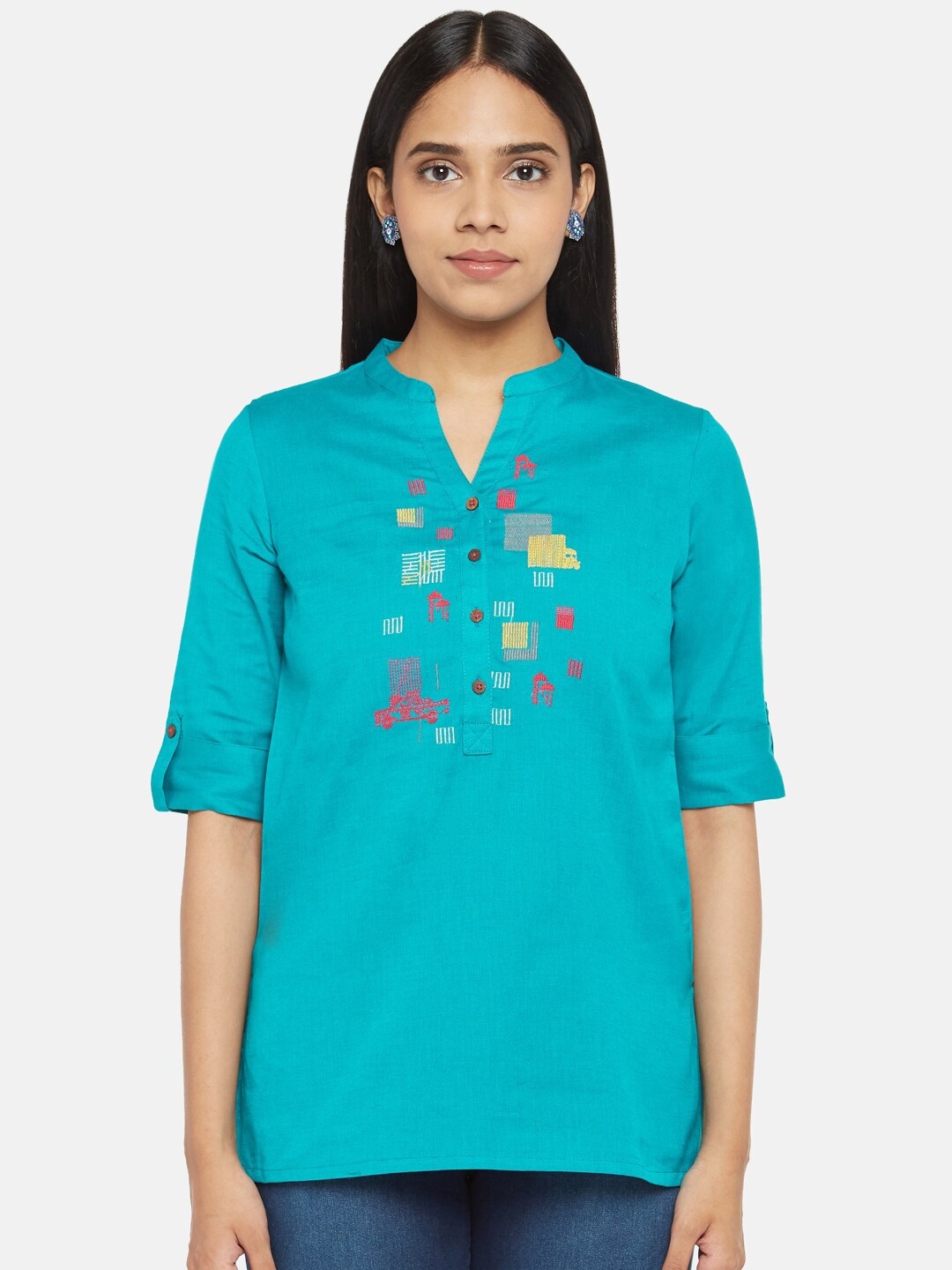 

AKKRITI BY PANTALOONS Women Blue & Yellow Embroidered Tunic