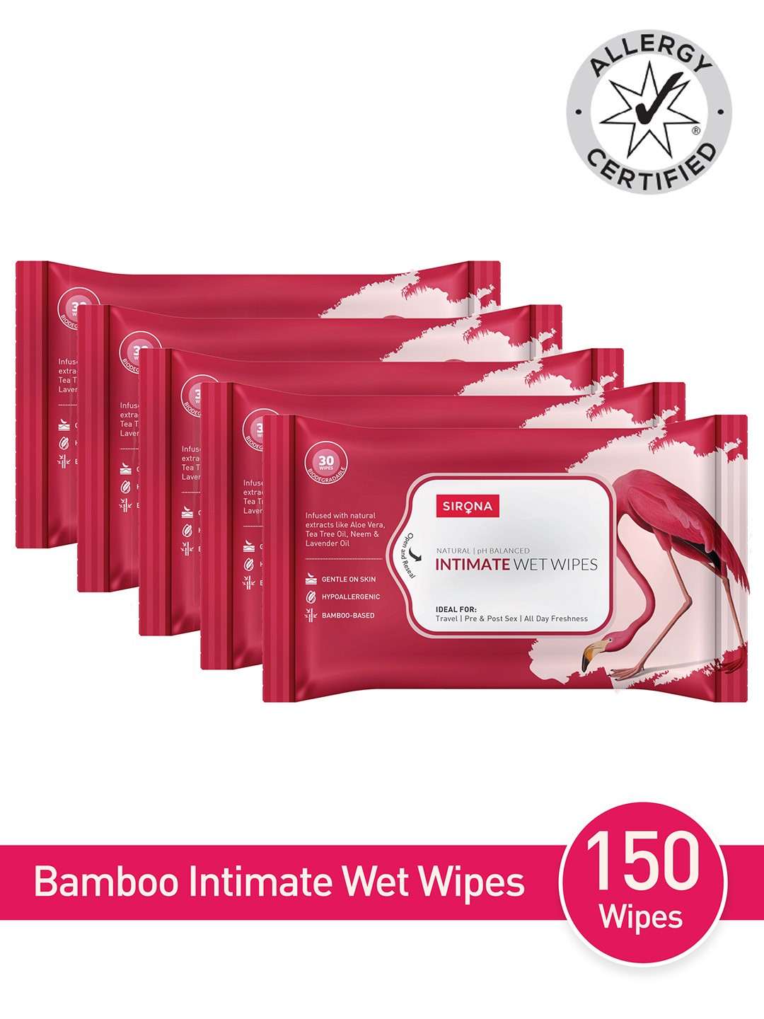 

Sirona pH Balanced Bamboo Intimate Wipes - 30 Wipes (Pack of 5), White