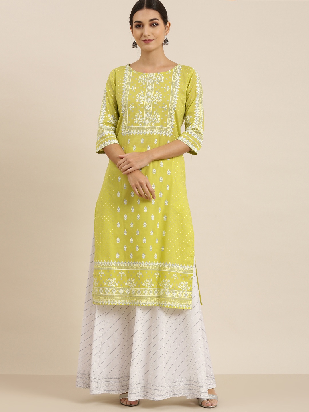 

Vishudh Women Lime Green Ethnic Motifs Printed Pure Cotton Kurta with Skirt
