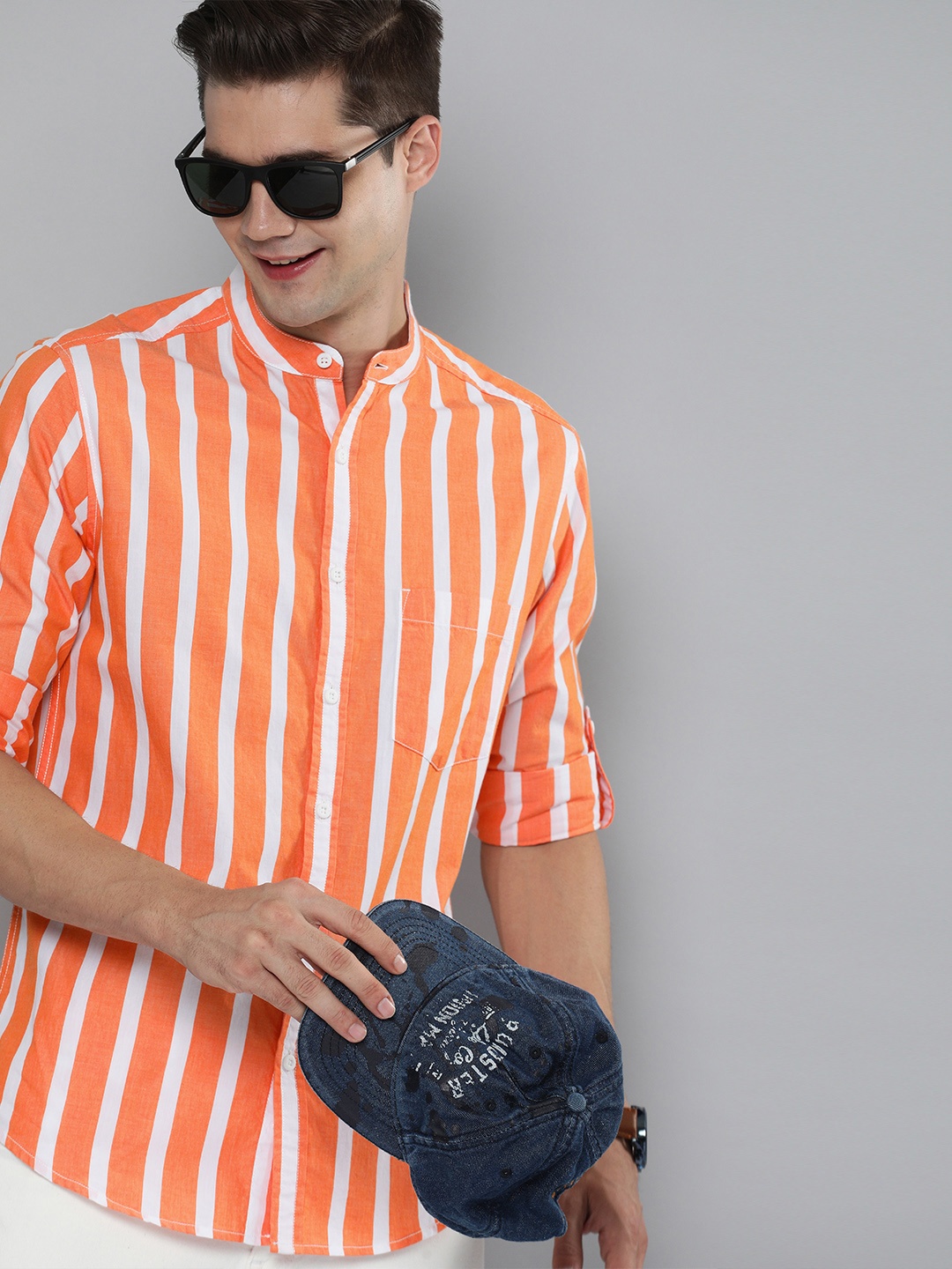 

HERE&NOW Men Peach-Coloured & White Striped Pure Cotton Casual Shirt
