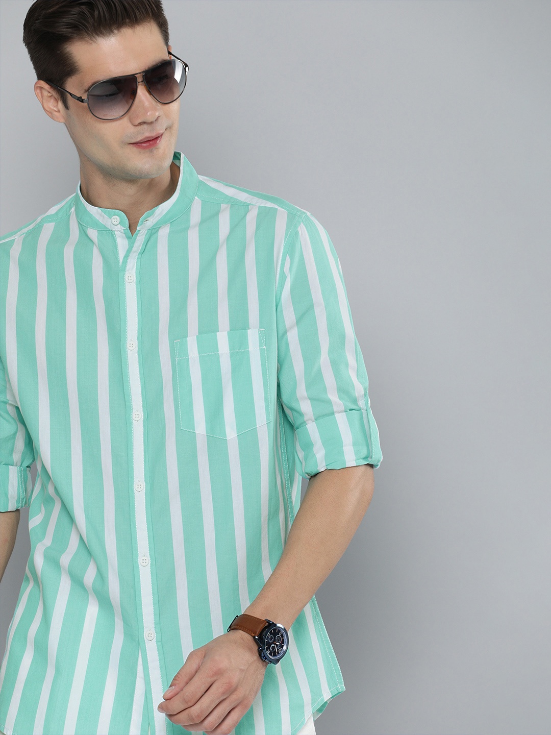 

HERE&NOW Men Green & White Striped Pure Cotton Casual Shirt