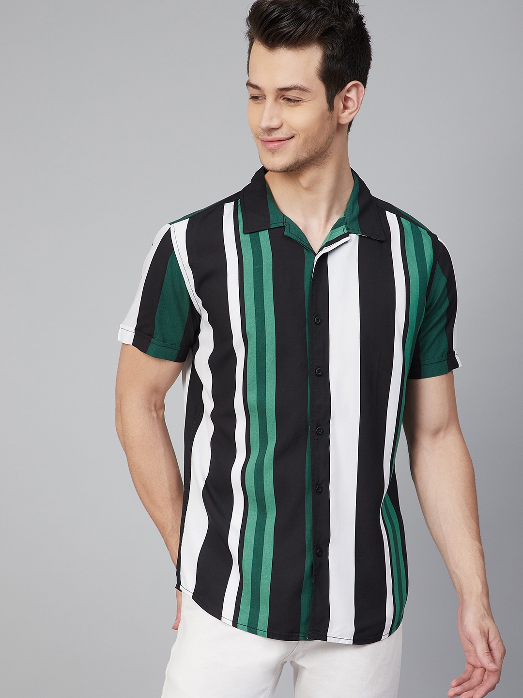 

HERE&NOW Men Black & Green Striped Slim Fit Casual Shirt
